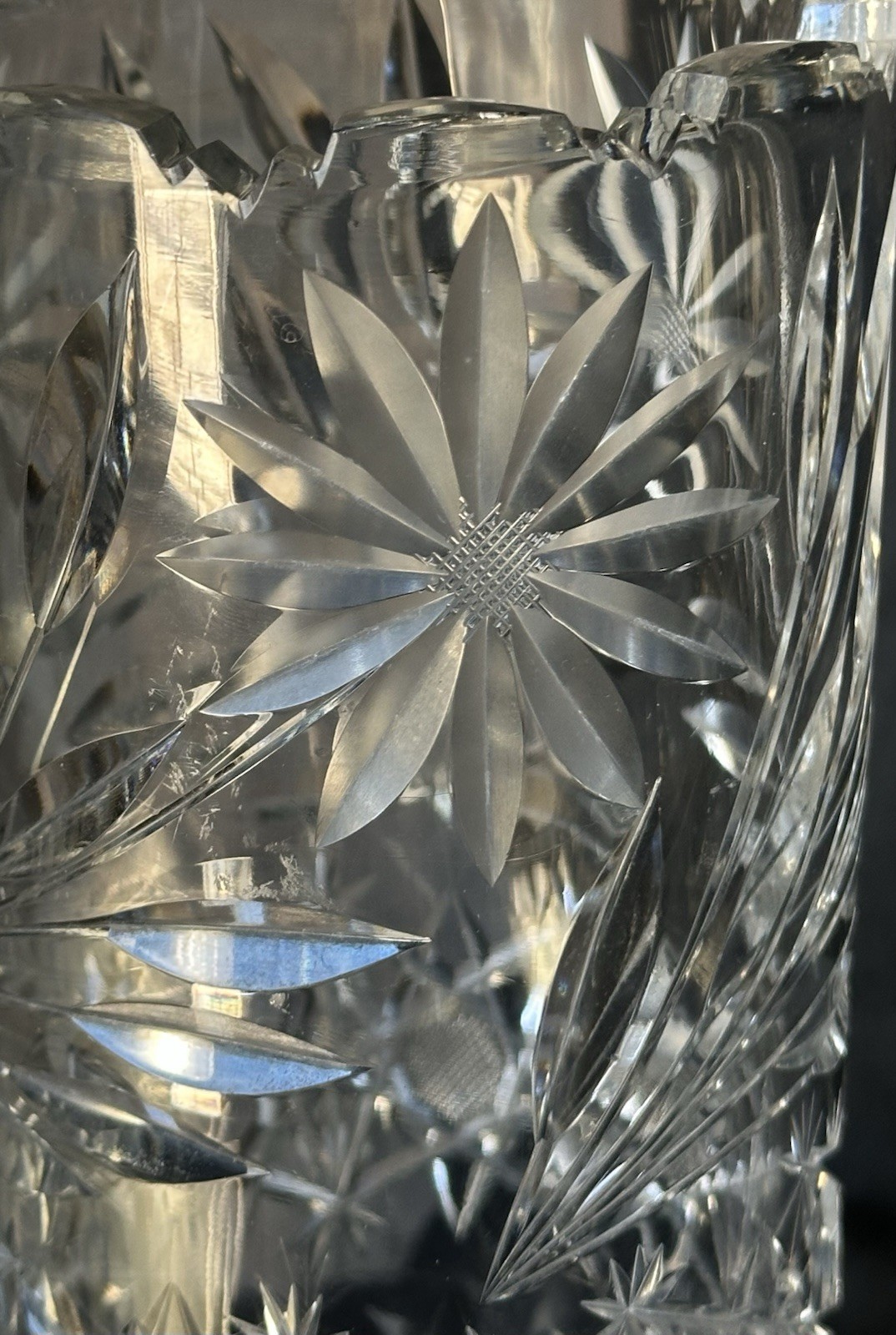 Antique American Brilliant Cut Glass Vase 12” Floral Daisy Pattern Zig Zag Rim