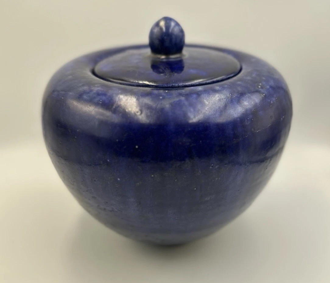 Raku Blue Pottery Ginger Jar Urn With Lid Signed