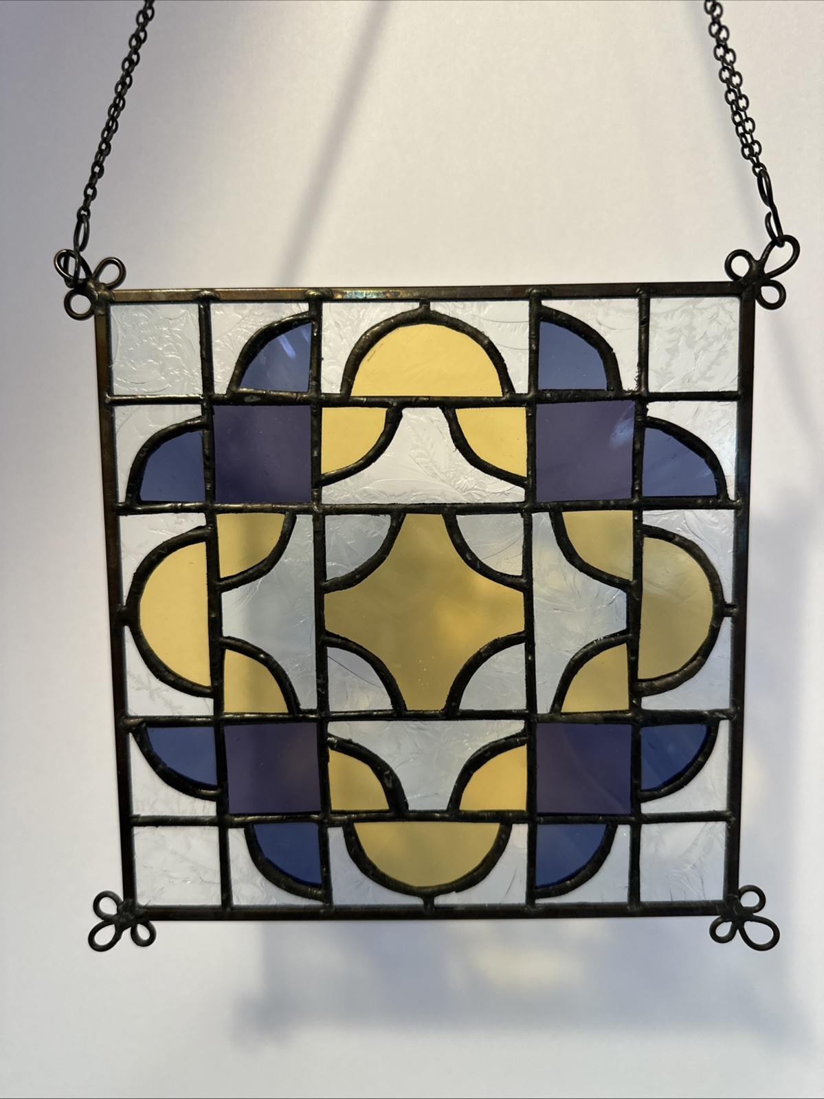 Stained Glass Suncatcher Blue Yellow Acid Etched Clear Glass Geometric 19
