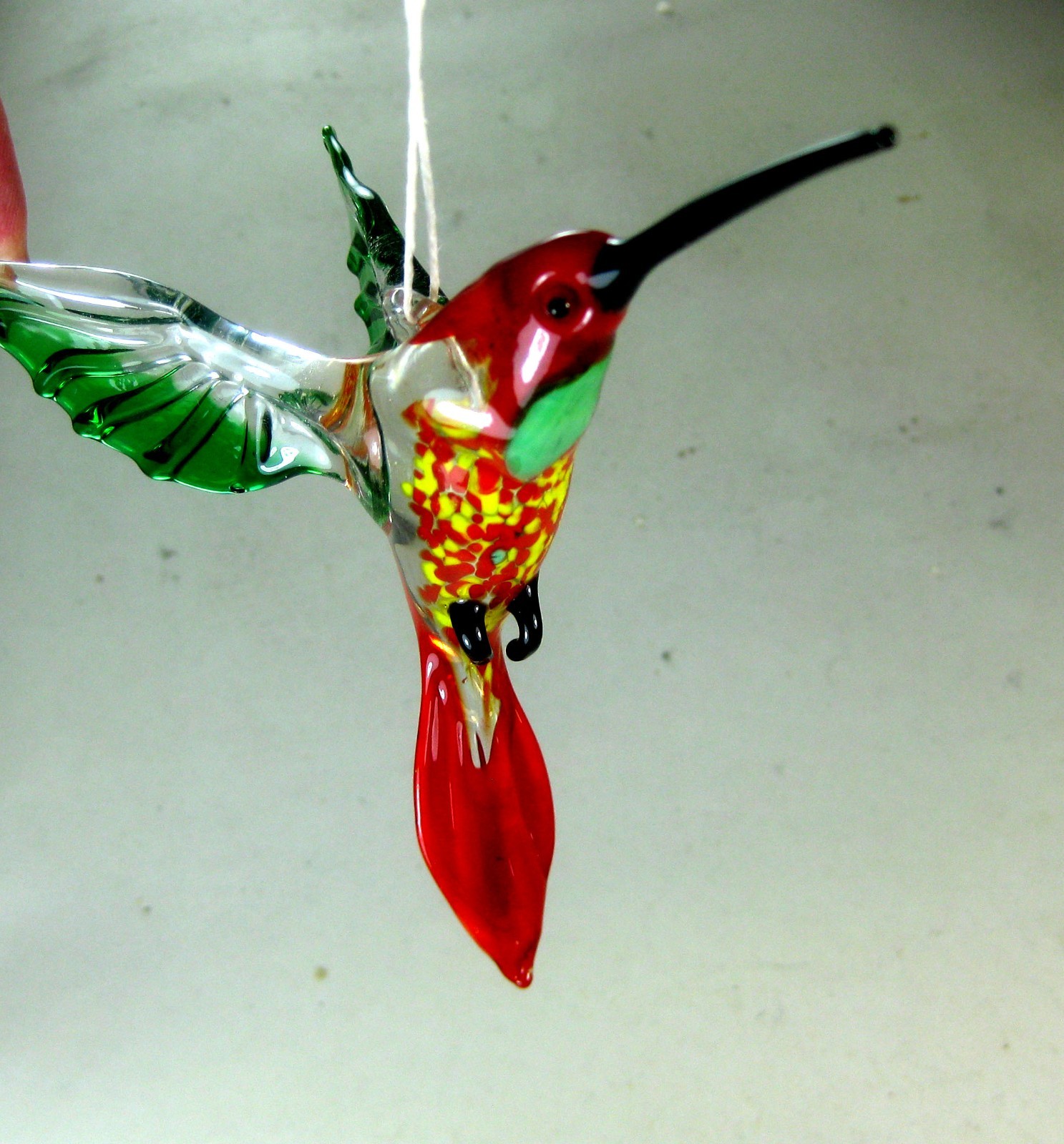 hand blown glass animal Hummingbird hanging figurine ornament green red 4.9″