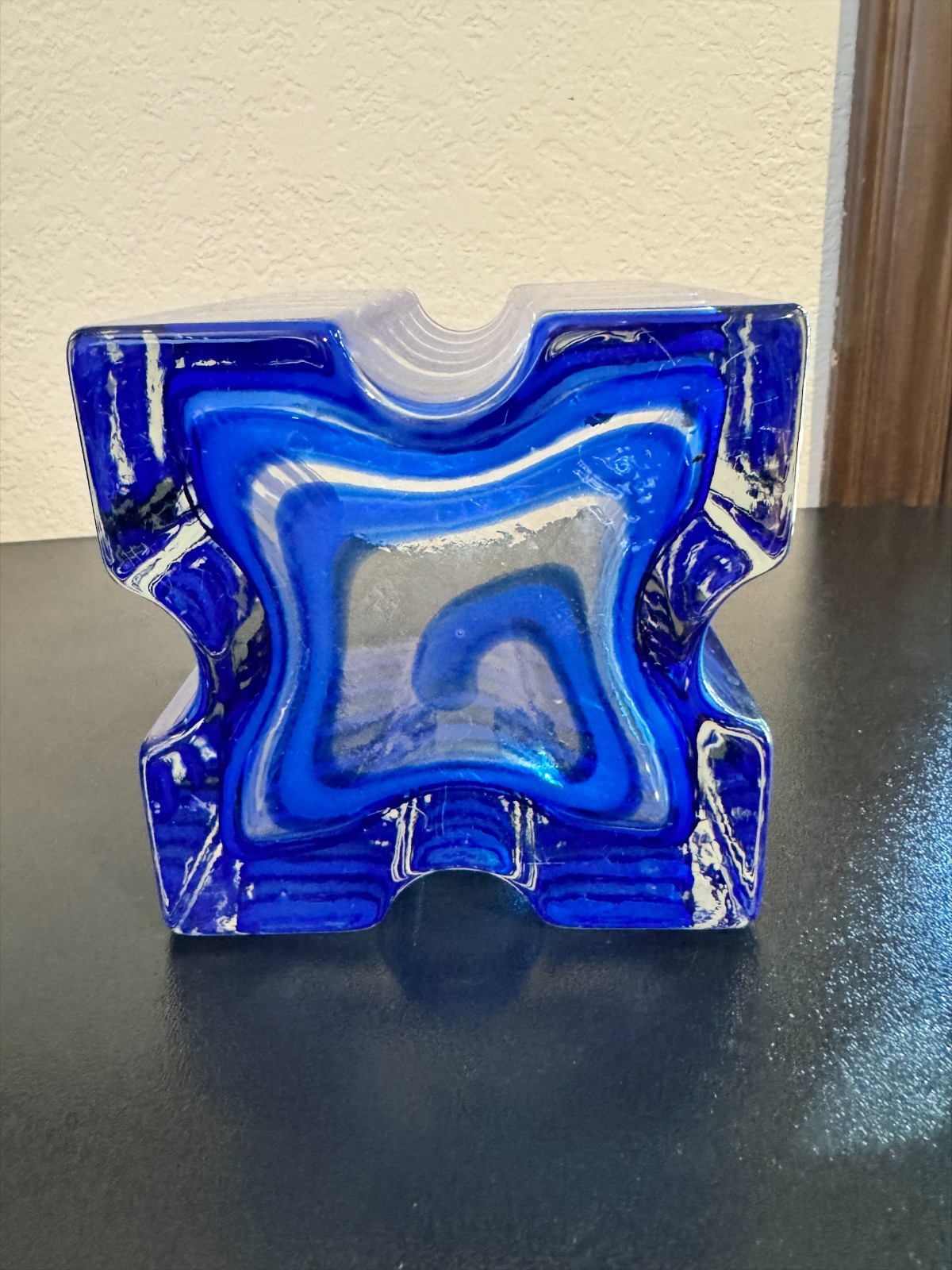 4.8lb Murano Style Cobalt Blue & Clear Art Glass Vase Thick Layered Modern Heavy