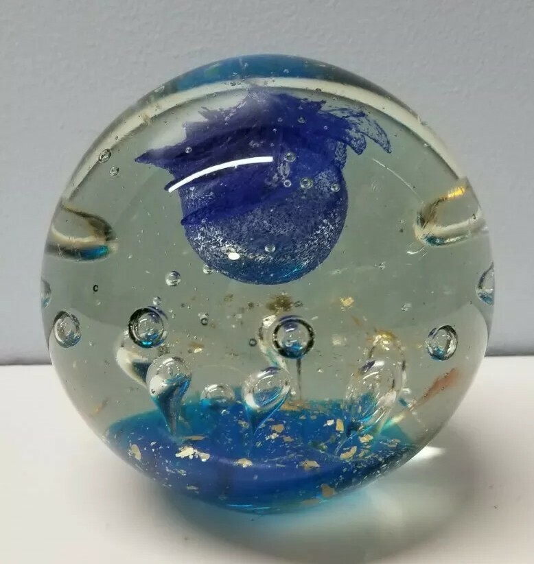 Large 5lb Orb Art Glass Paperweight About 4″ x 4″ Shades of Blue
