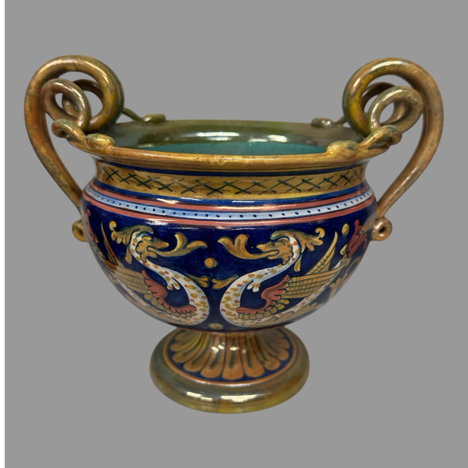 Pair of Antique Italian Dragon Decorated Faience Vases w Figural Snake Handles