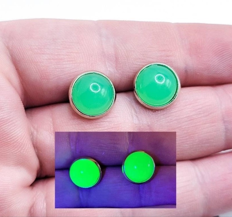 Uranium Glass Stud Earrings 10mm Green Cabochon Stainless Steel