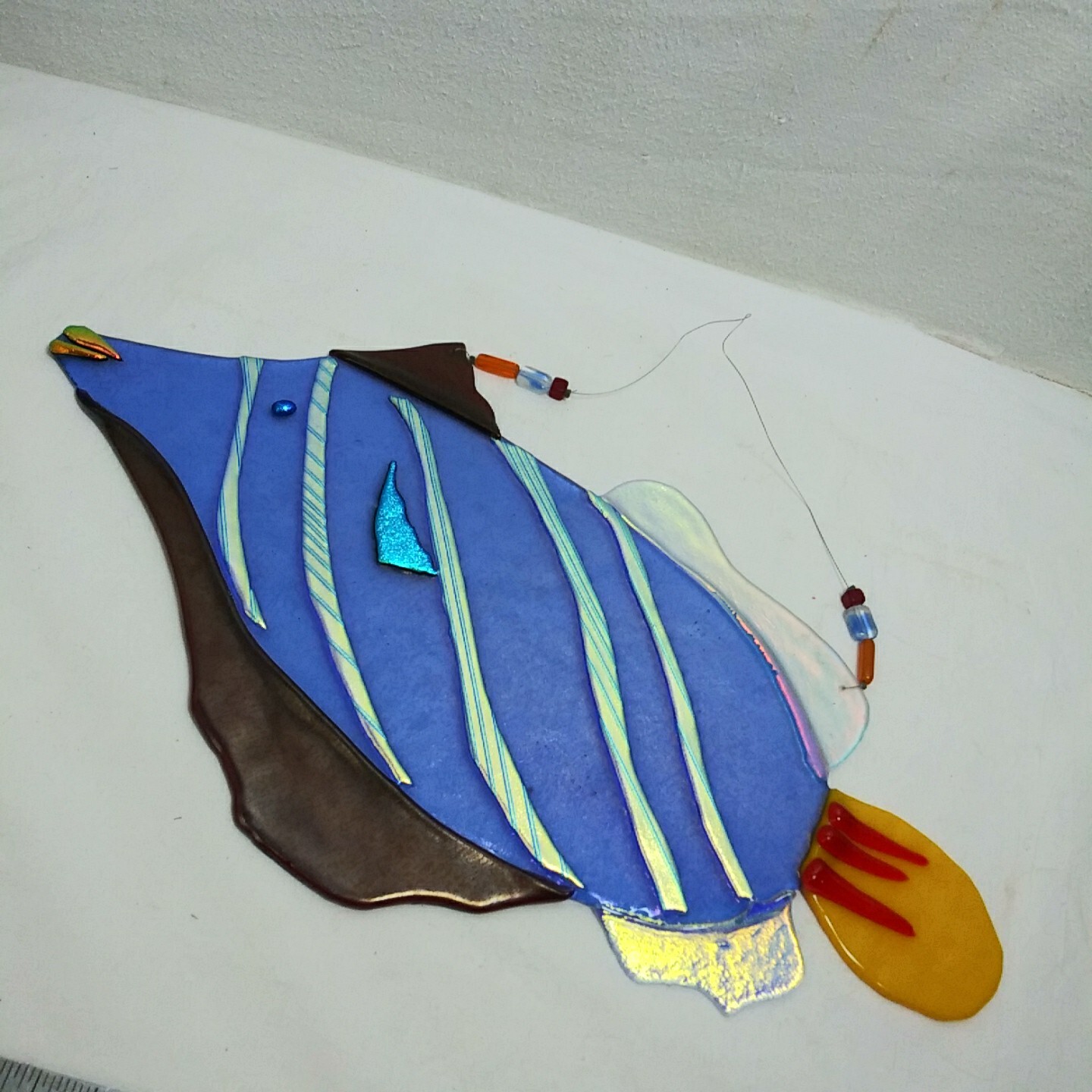 Handmade Iridescent Fused Glass Art Fish Suncatcher Window Wall Hanging 13″