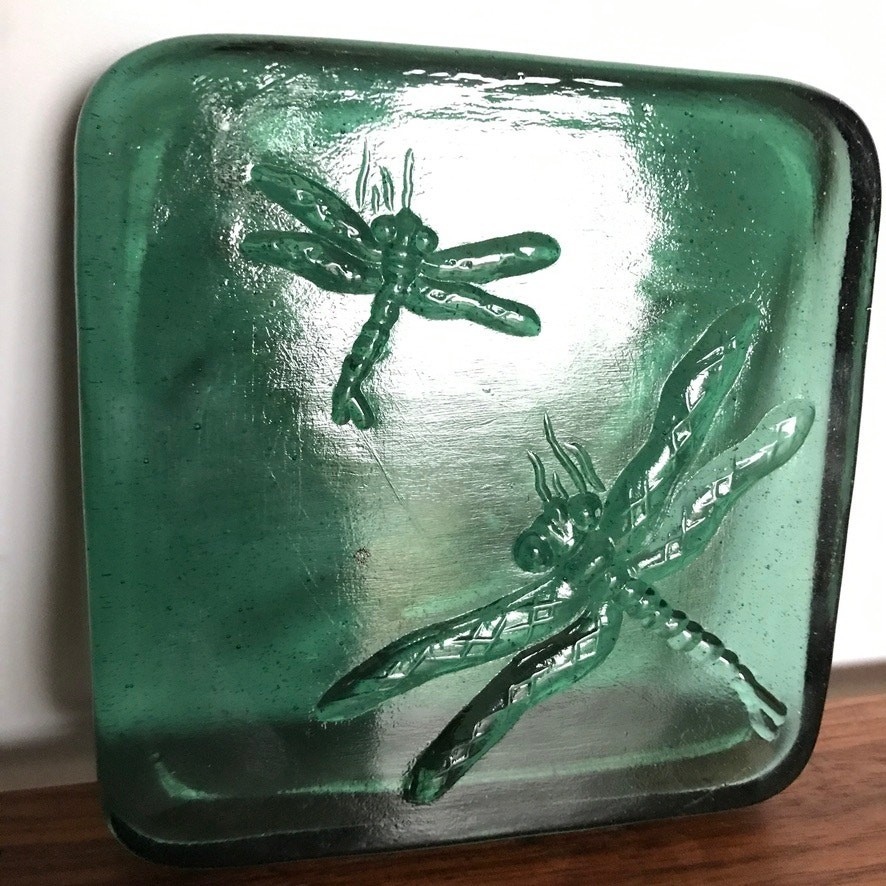 Green glass dragonfly candle holder / paperweight / tile 5.5″ square