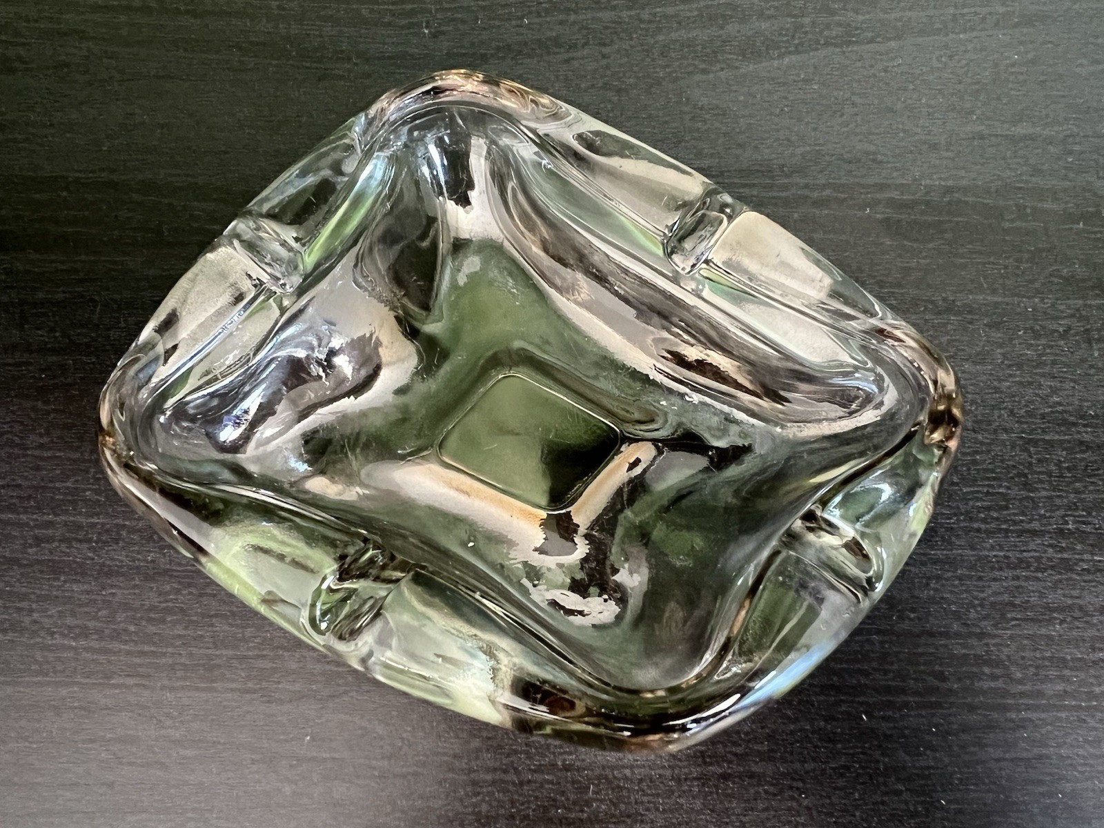 Vintage MCM Clear Light Grey Iridescent Art Glass Ashtray Retro Anchor Hocking