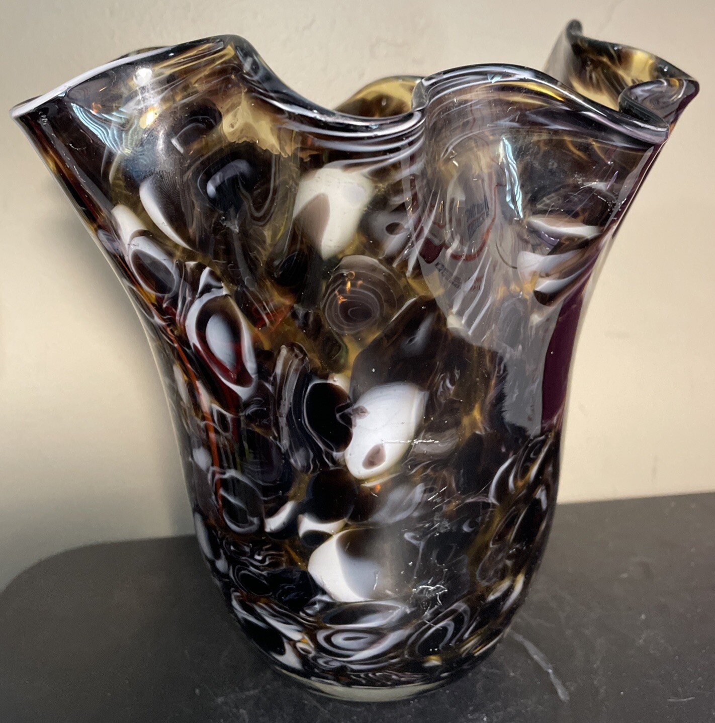 Ruffled Handkerchief Edge Murrhina Vase Brown & White Art Glass 8”