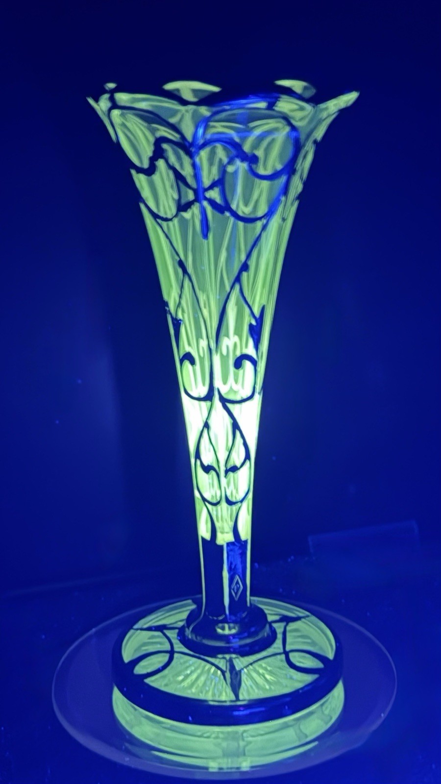 VTG Heisey? Art Nouveau American Sterling Silver Overlay Glass Trumpet Vase-Glow