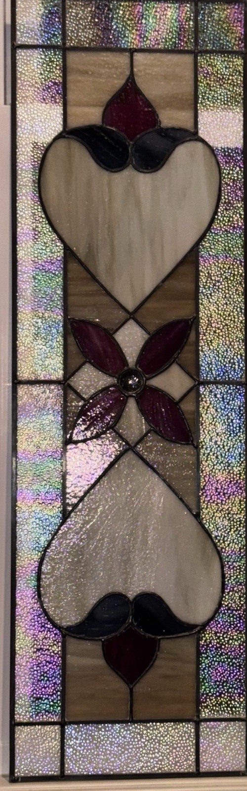 Traditional Art Nouveau Stained Glass Panel 35.5×11” Red Blue Irrodecent Border