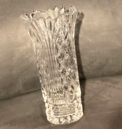 VTG 2001 MERIDIAN 7″ Cut Crystal Vase w/Cross Cuts-CRYSTAL CLEAR IND/POLAND-EUC
