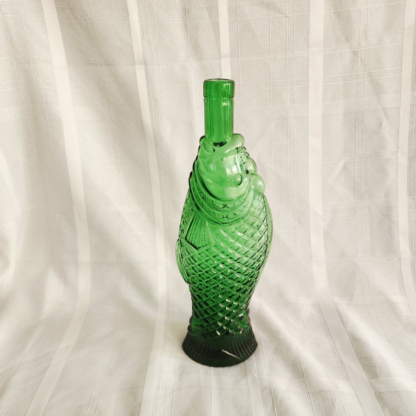 Vintage Green Glass Fish Shaped Wine Bottle Decanter Scales 13″ T F Mark