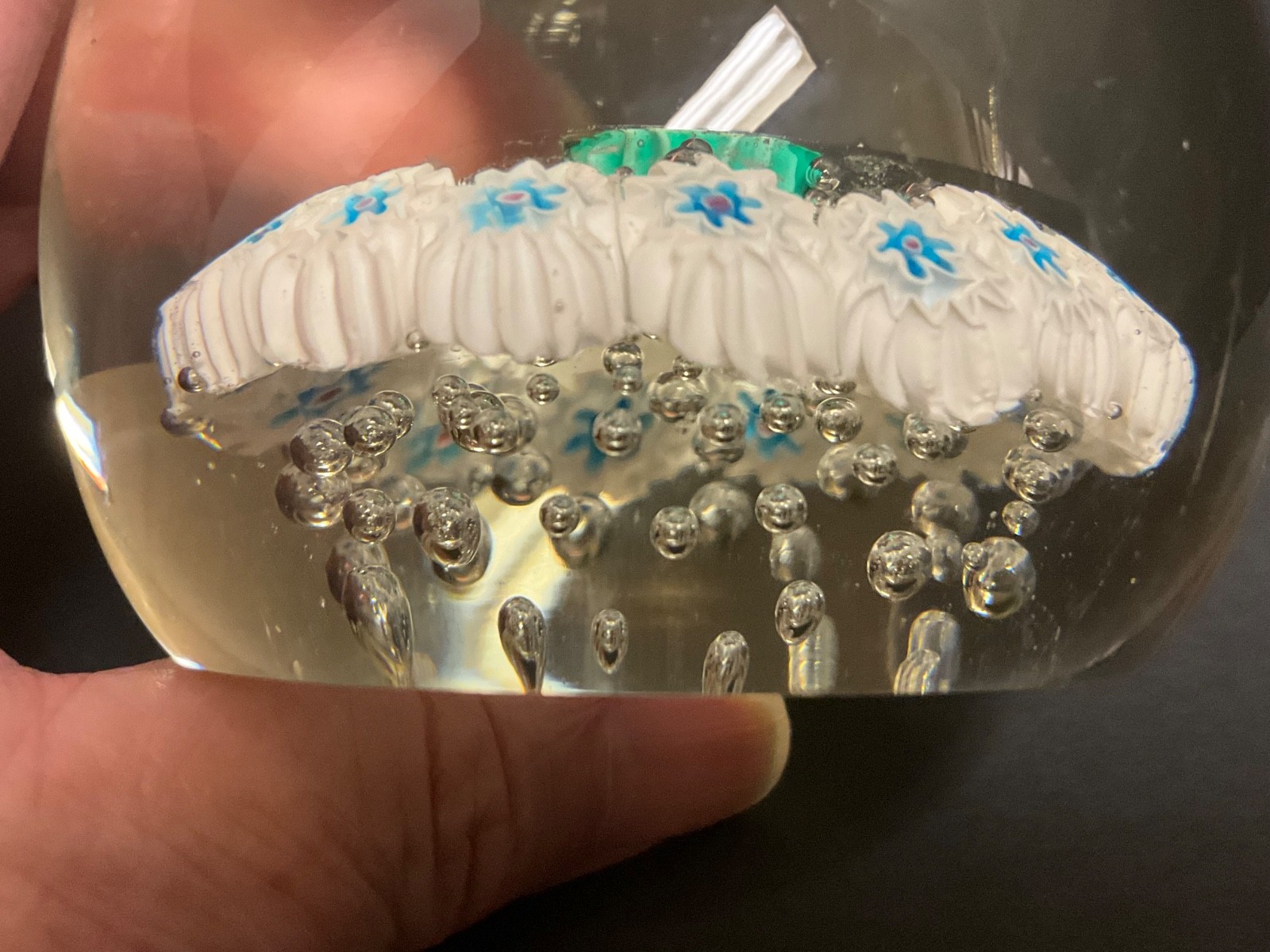 Clear Glass/ Millefiori Art Glass Paperweight Turquoise & White 3″ T
