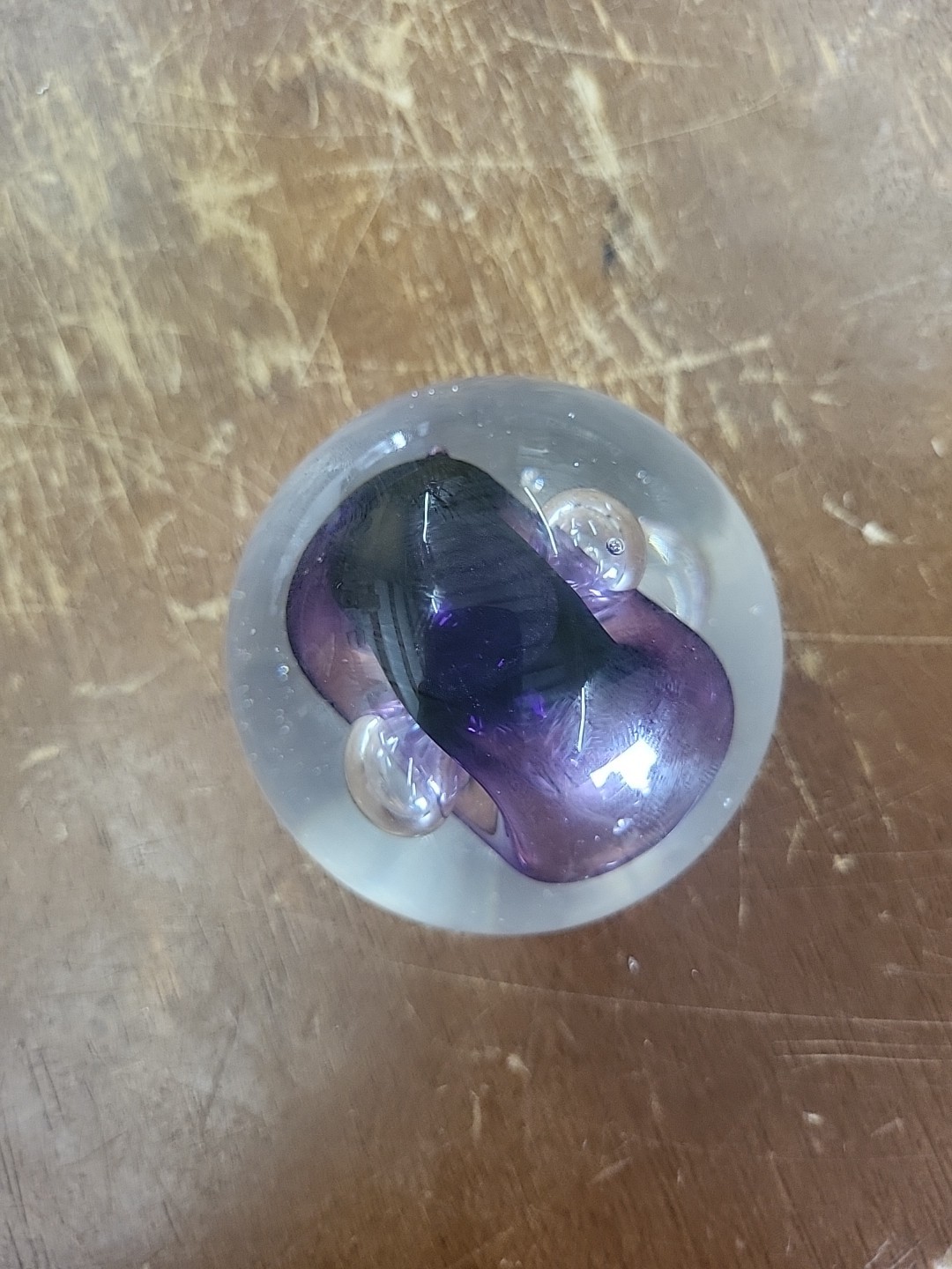 Rollin KARG Hand Blown Purple Art Glass Paperweight Signed Air Bubbles 2-7/8 Dia