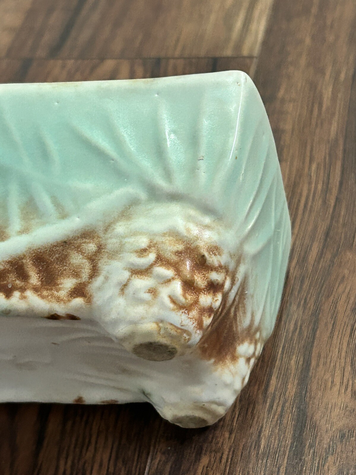 Vintage McCoy Rustic Line Pottery Pine Cone Window Box Planter Teal 7” X 4” X 3”