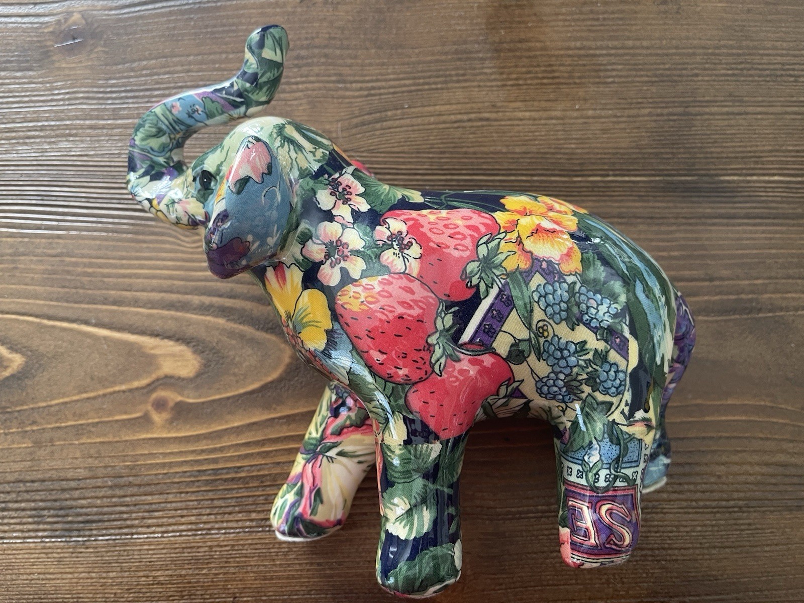 Colorful Floral Elephant Figurine 8” Decoupage Style Boho Decor Made in China