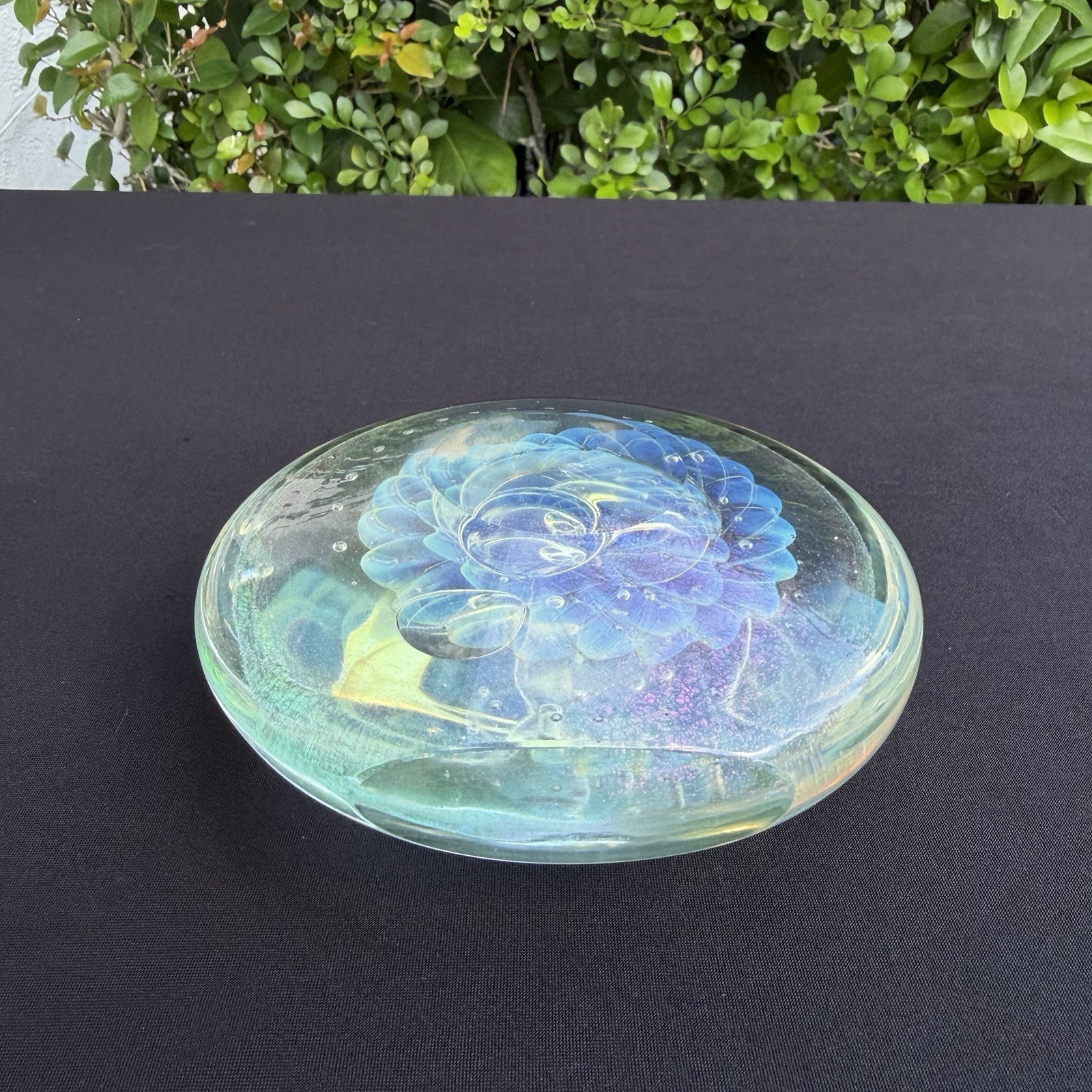Eickholt Signed Seascape Opalescent Blue Stand-up Disc 6”x5.5 Paperweight Flower
