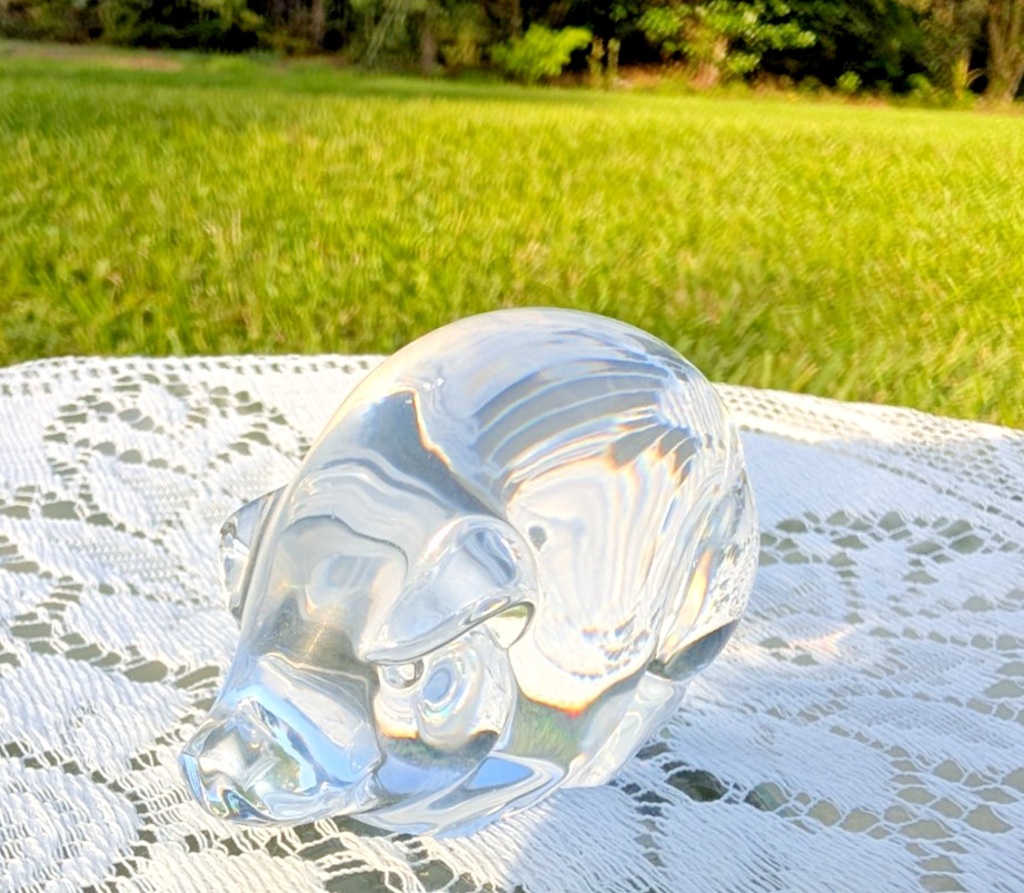 Vintage Steuben Glass Clear Crystal Pig Hand Cooler Lloyd Atkins Signed As-Is