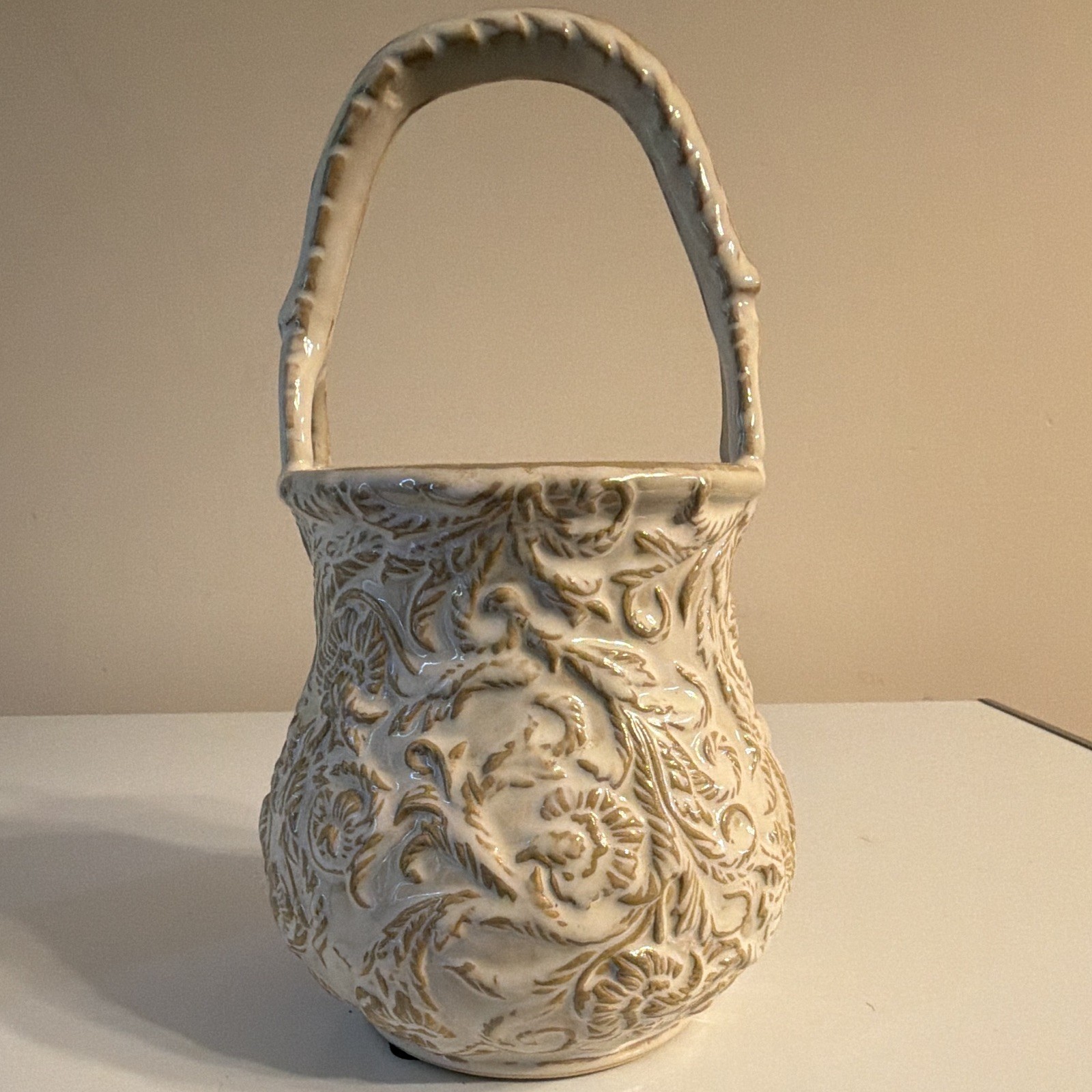 Umbria Ceramic Floral Embossed Decorative Basket Handle White/Beige 9” 9702