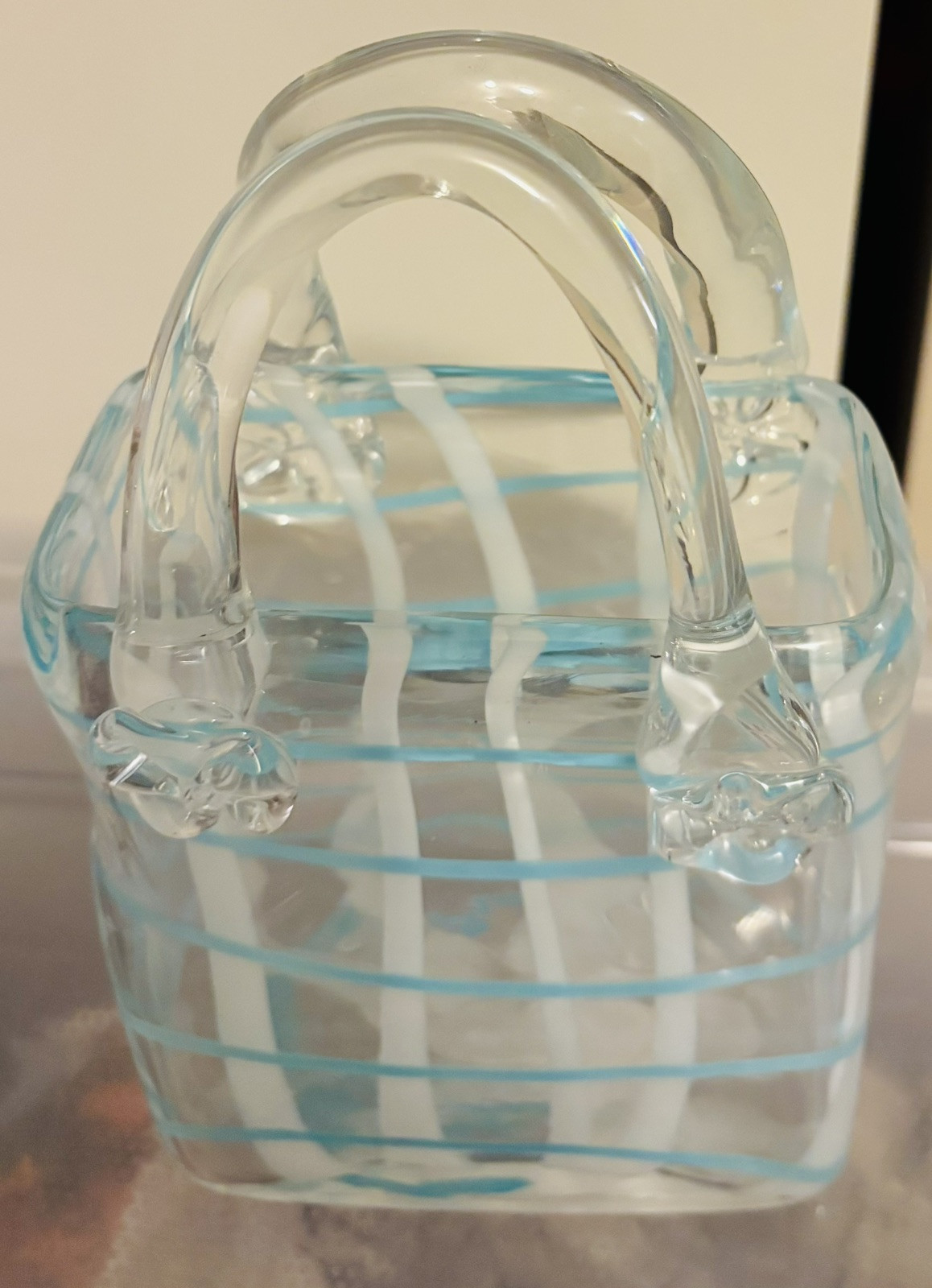Murano-Style Blue and White Art Glass Hand-Blown Purse with Handles 7”H 5”W