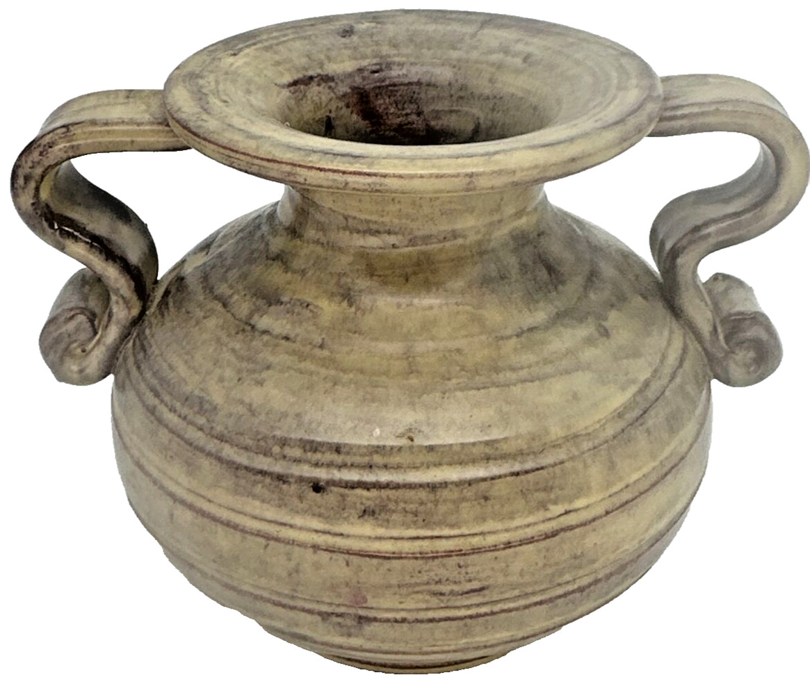 Vintage Double Handle Hand Thrown Clay Vase, 5″, Earth Tones, Signed, used (B6)