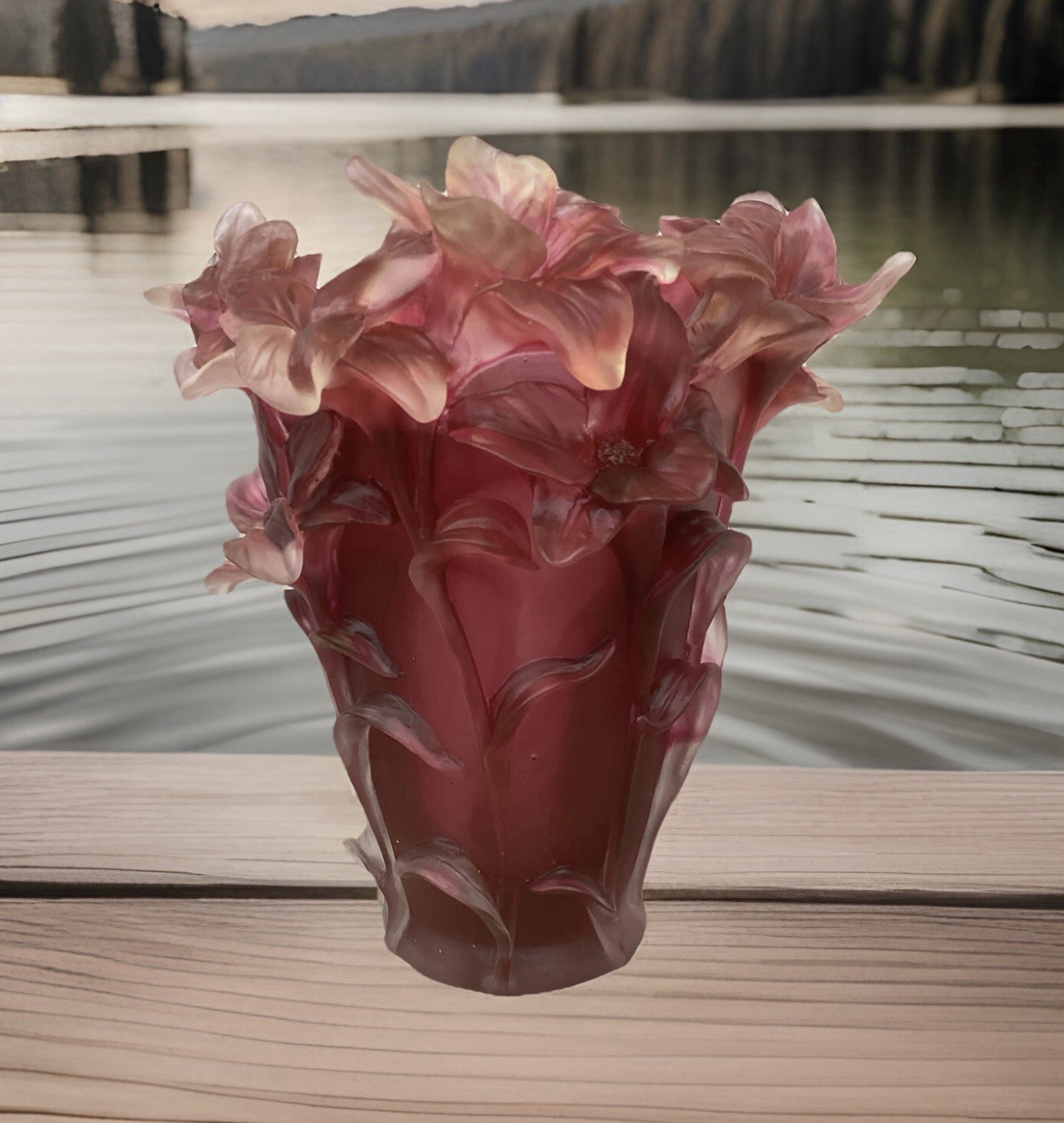 Nancy Daum Style Iris Crystal Vase Red Ombré H8” Maker Unknown