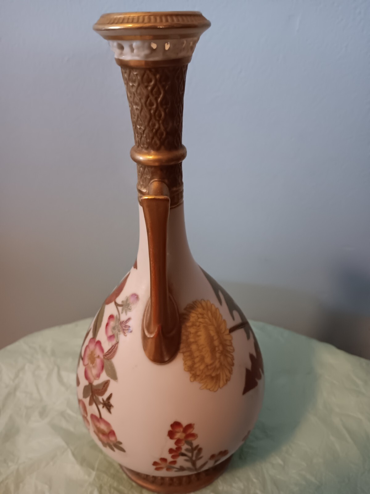 Royal Worcester Gold Gilt Fern Leaves & Blush Ivory 10 1/8 Inch Vase Circa 1887