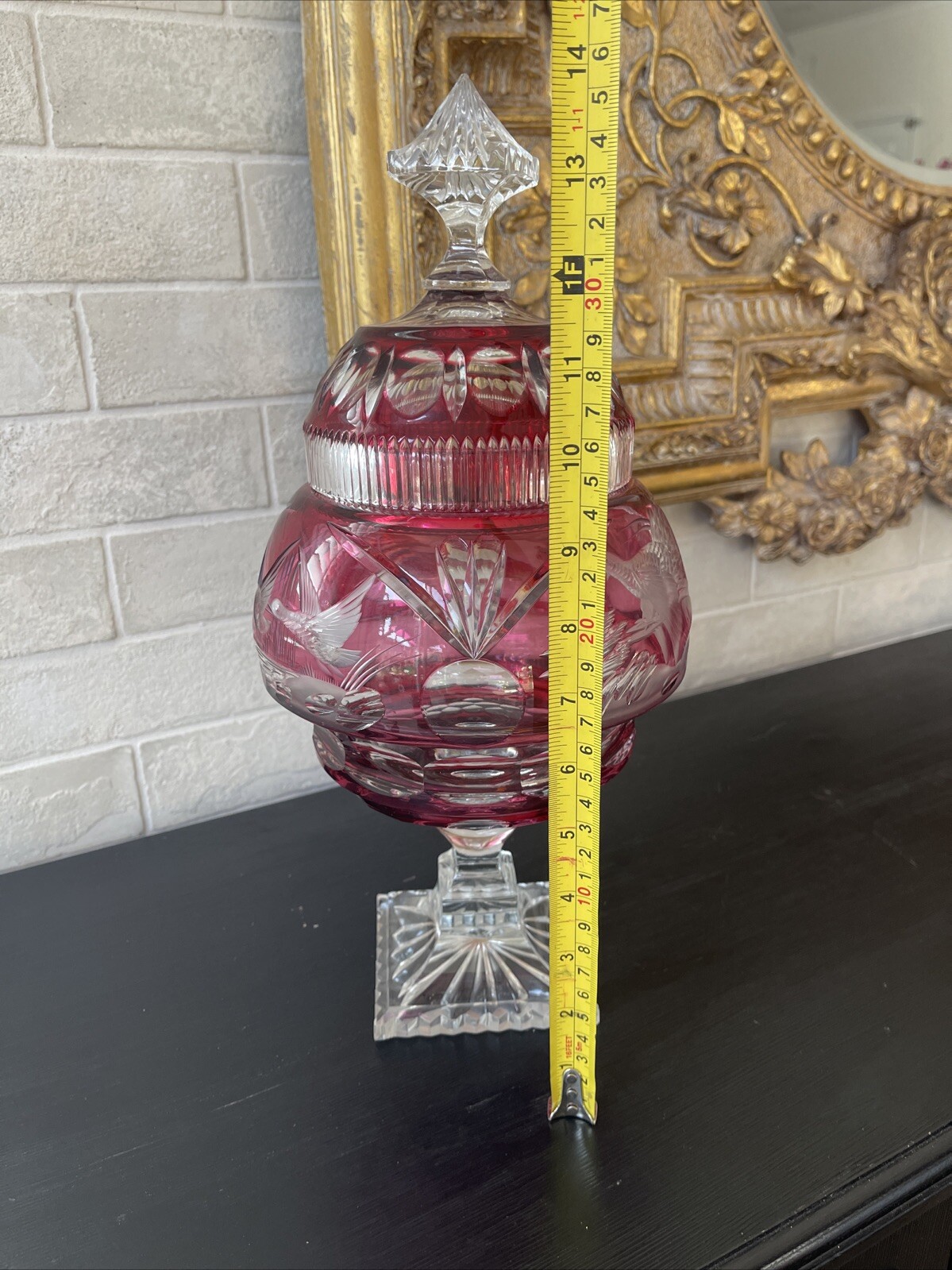 Bohemian Cranberry Crystal Czech candy box covered in Red double tail glass