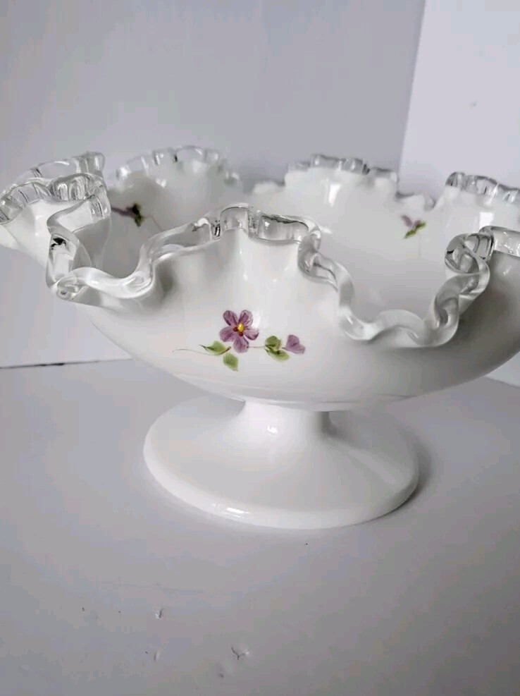 Fenton Silver Crest Violets in Snow White Glass Pedestal Decorative Bowl Dish