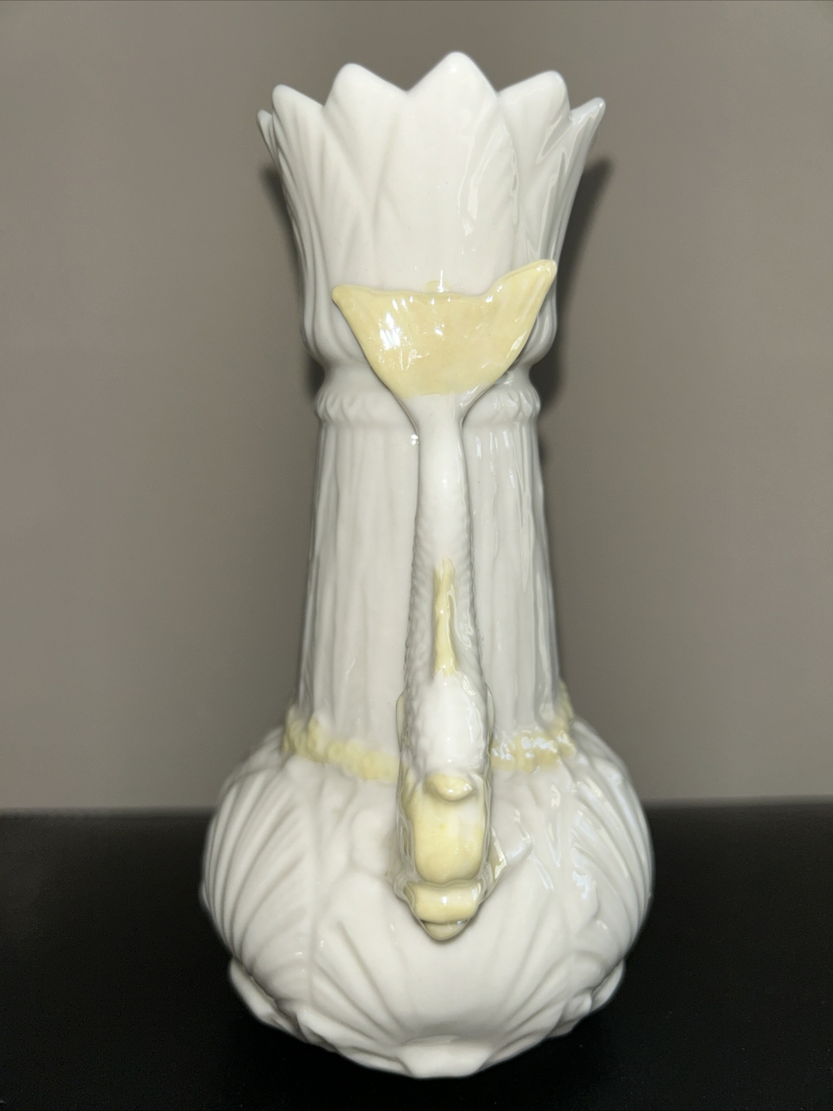 Vintage Belleek Dolphin Fish Handle Yellow Luster 6 1/2” Vase