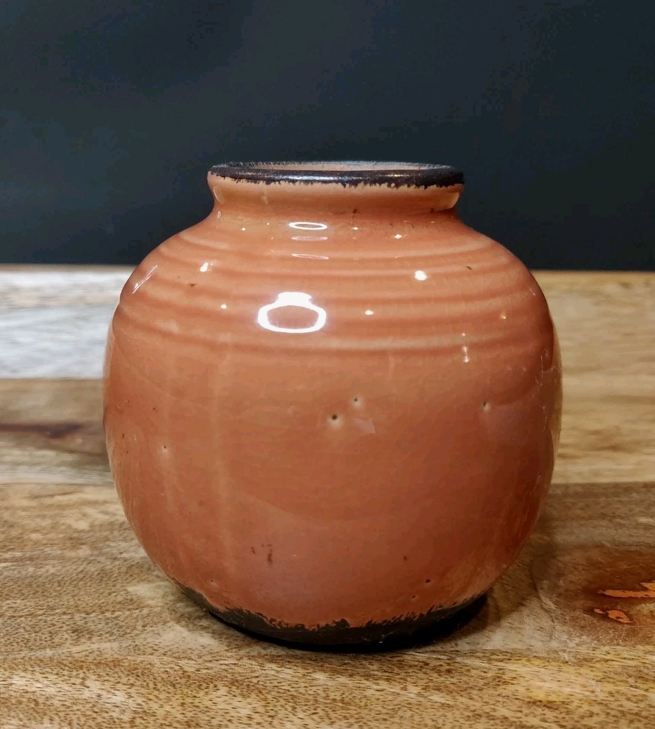 Glaze Top Salmon Color Brutalist Pottery Jar Vase 3.25″ Tall X 3.25″ Wide Approx