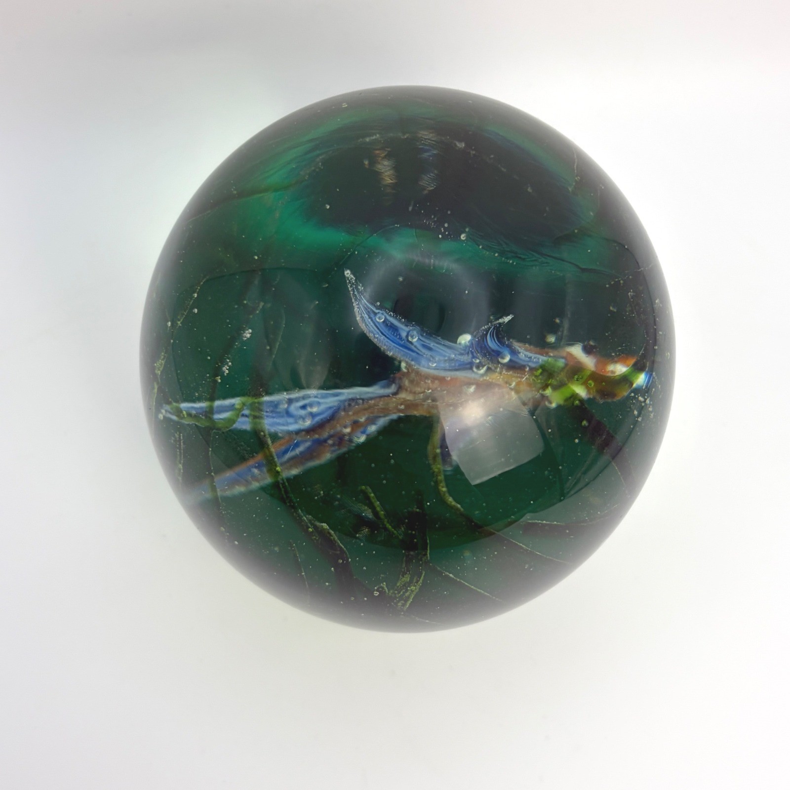 Vintage Art Glass Paperweight Green Blue Bubble Murano Style Heavy Glass Orb
