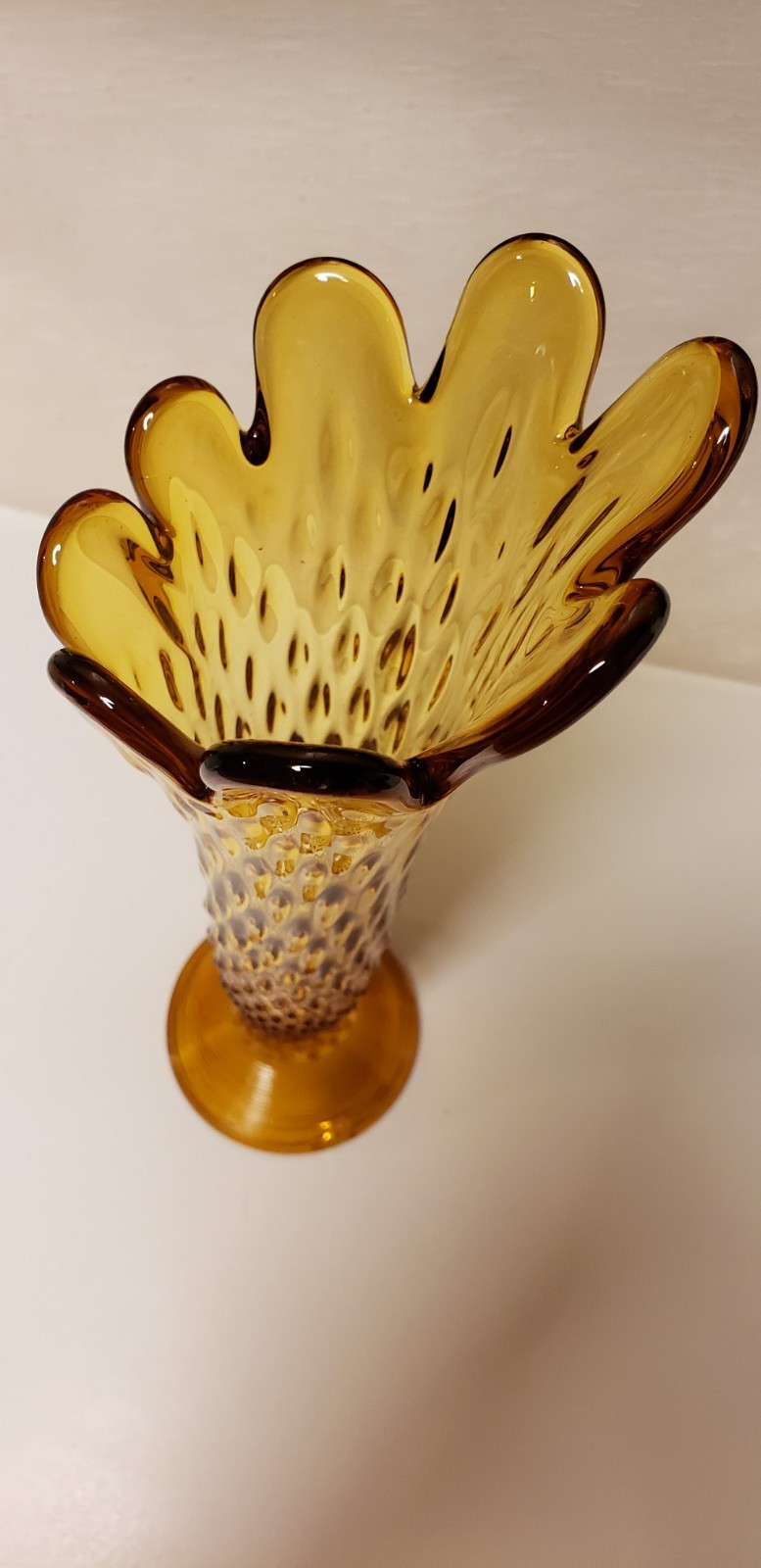 Hobnail Pattern Stretch Glass Vase. Amber Pedestal Bottom Glass Vase. 14″ High.