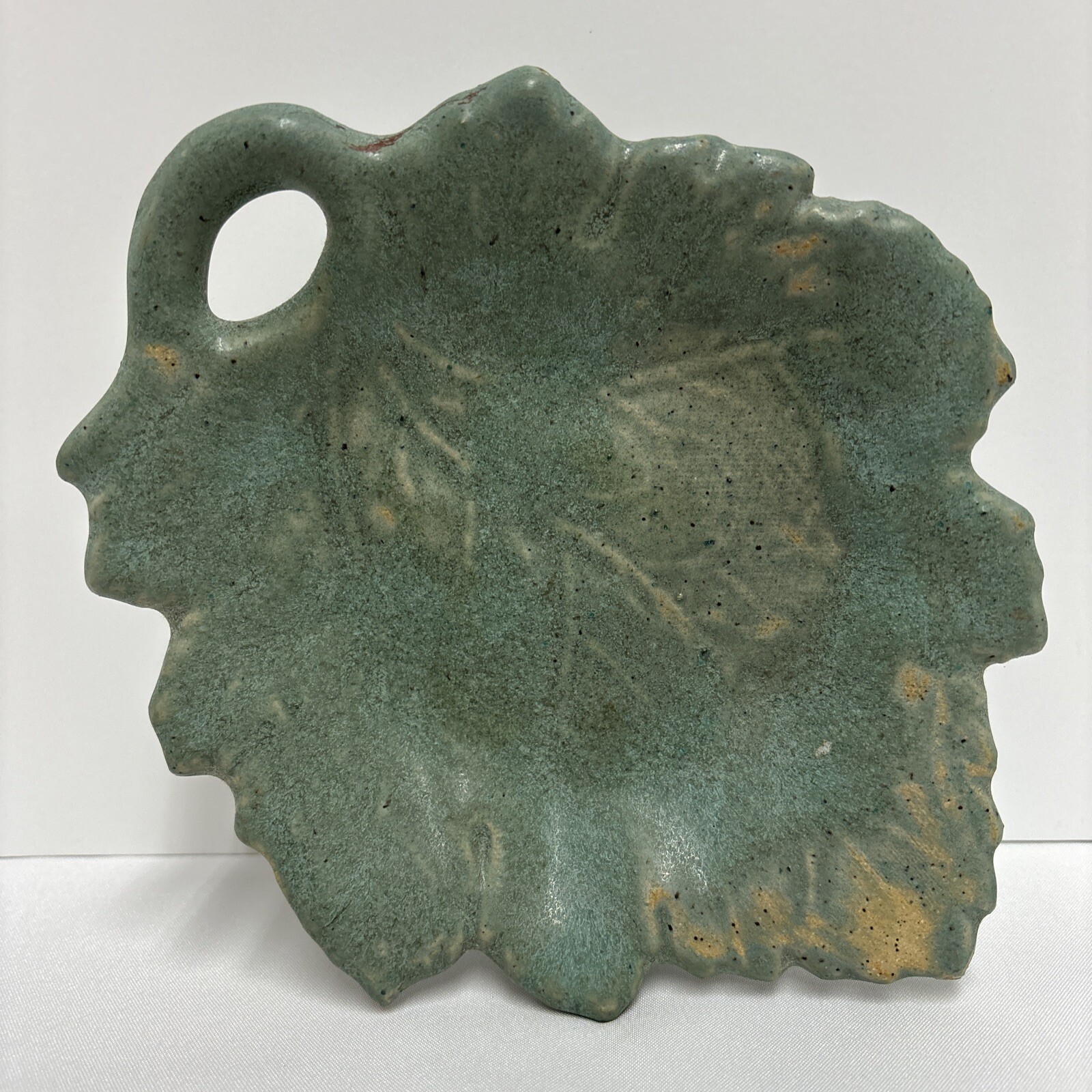 Studio Art Pottery Clay Leaf Shaped Footed Dish Candle Holder Green Color Rustic