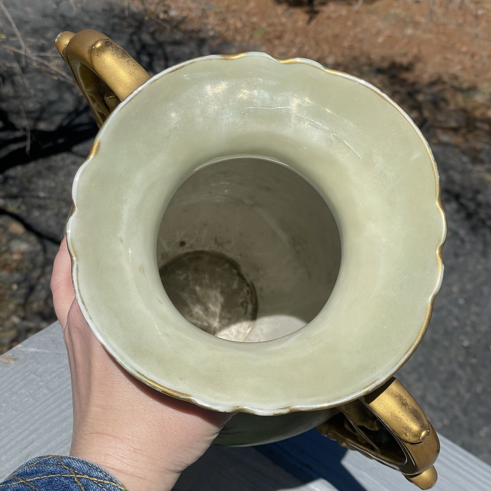 LARGE 15.5″ Antique Continental Porcelain Hand Painted Gilt Handled Vase