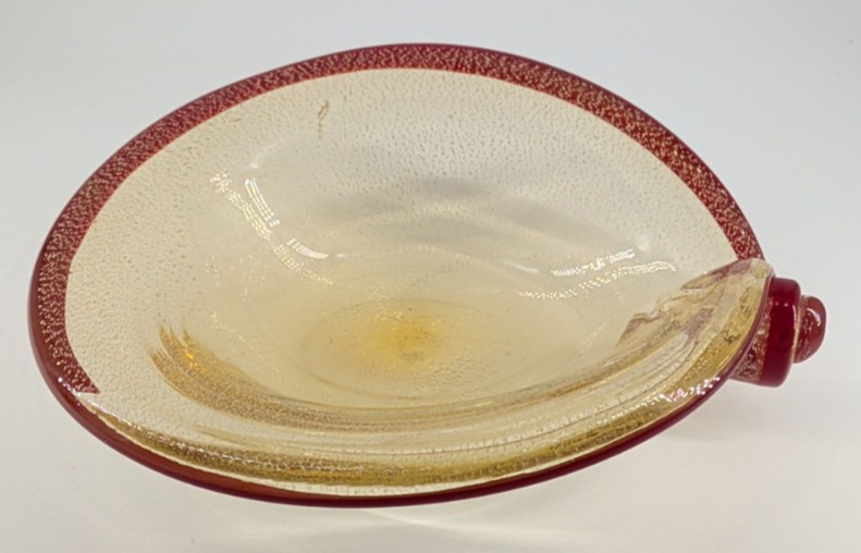 Murano Fratelli Toso Hand Blown Bowl Curled Stem Red Gold Italy Vintage Rare