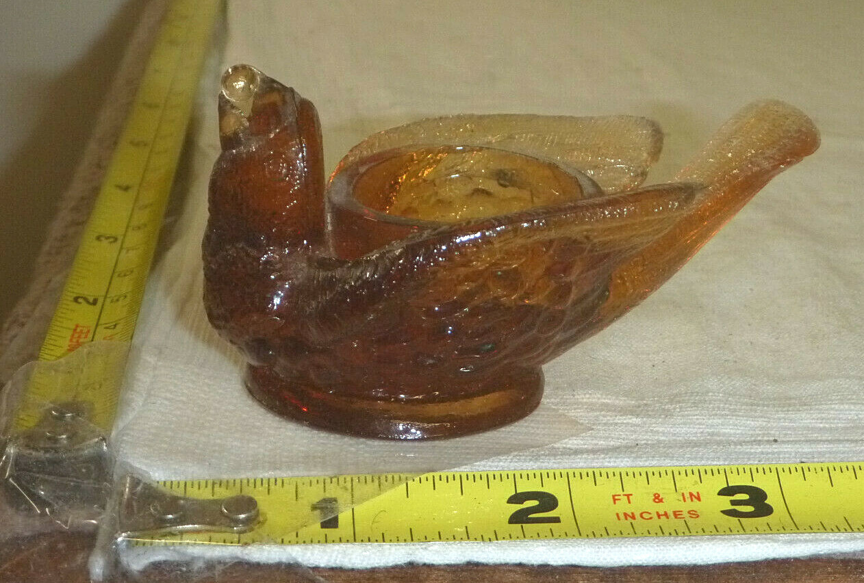 Vtg Degenhart Art Glass Amber BIRD Salt Cellar/Candle Holder/Sun Catcher ~1¾”H