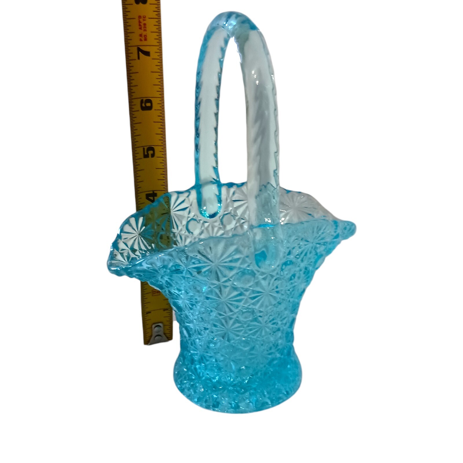 LG Wright Daisy Button Glass Basket Brides Vase Blue Pressed Art Glass Ruffled