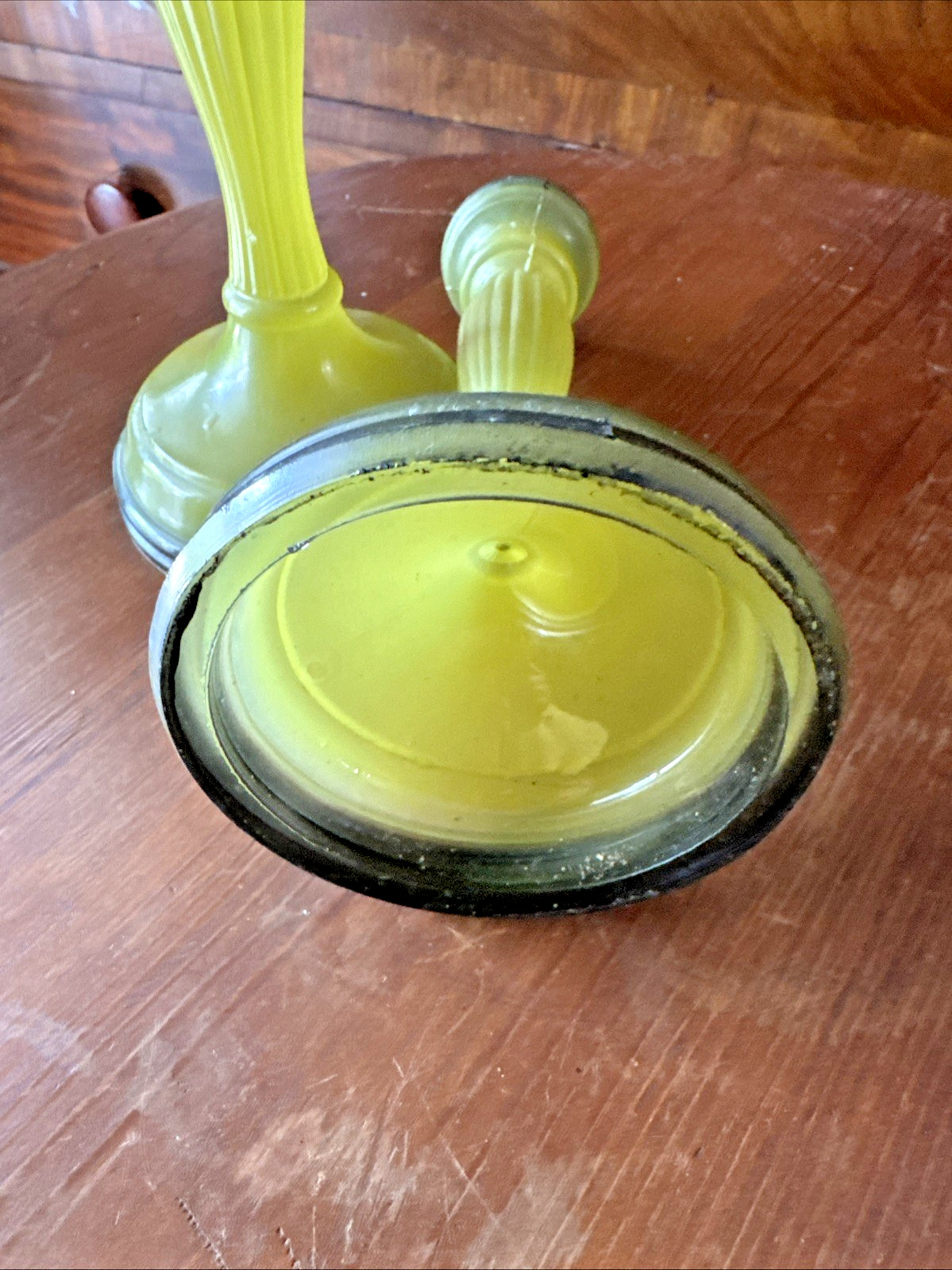 Indiana Glass Finely Ribbed Candlestick Holder Yellow Black Trim Art Deco 1920