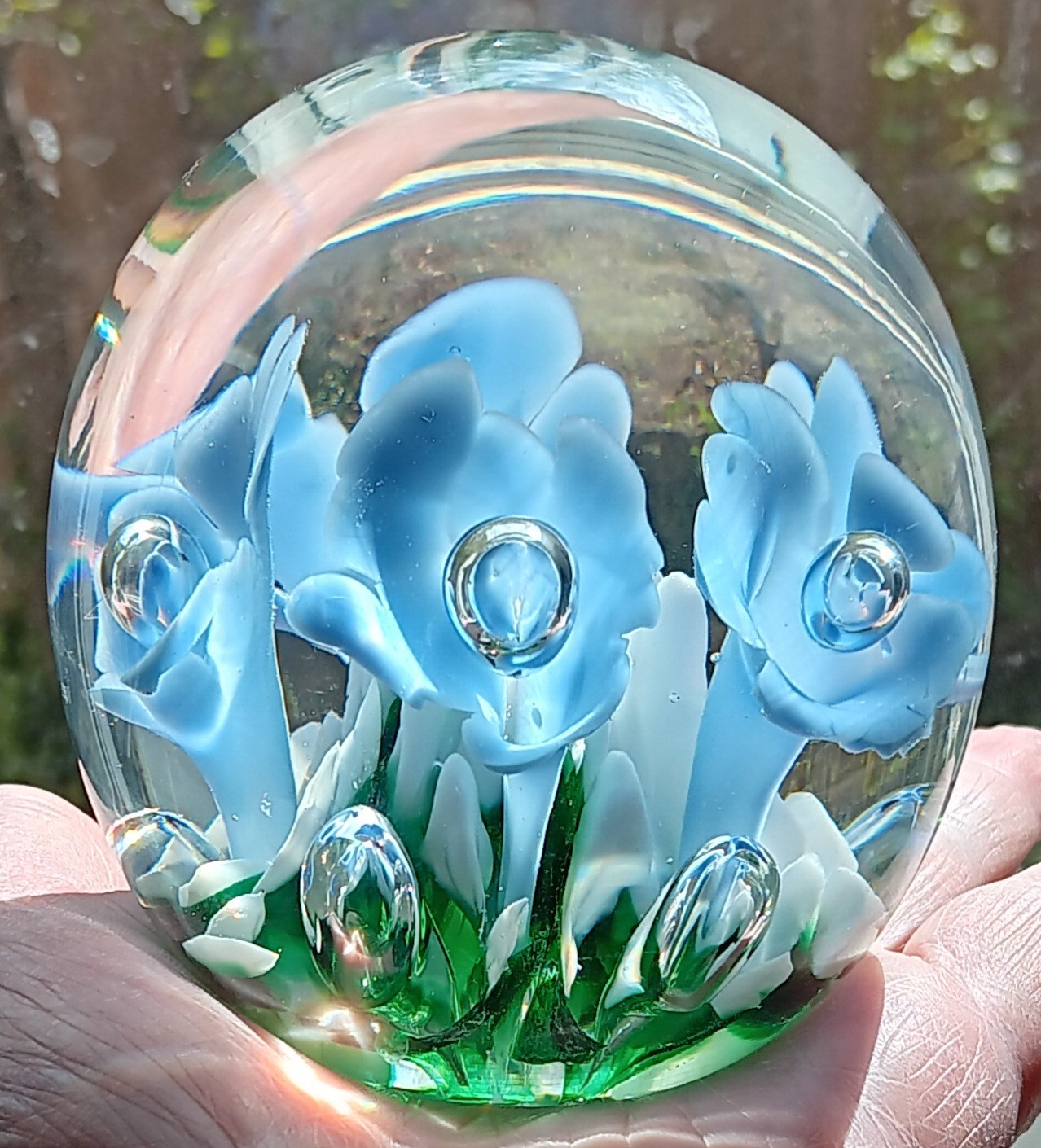St. Clair – Blue Trumpet Flowers Art Glass Paperweight 1978 Controlled Bubbles