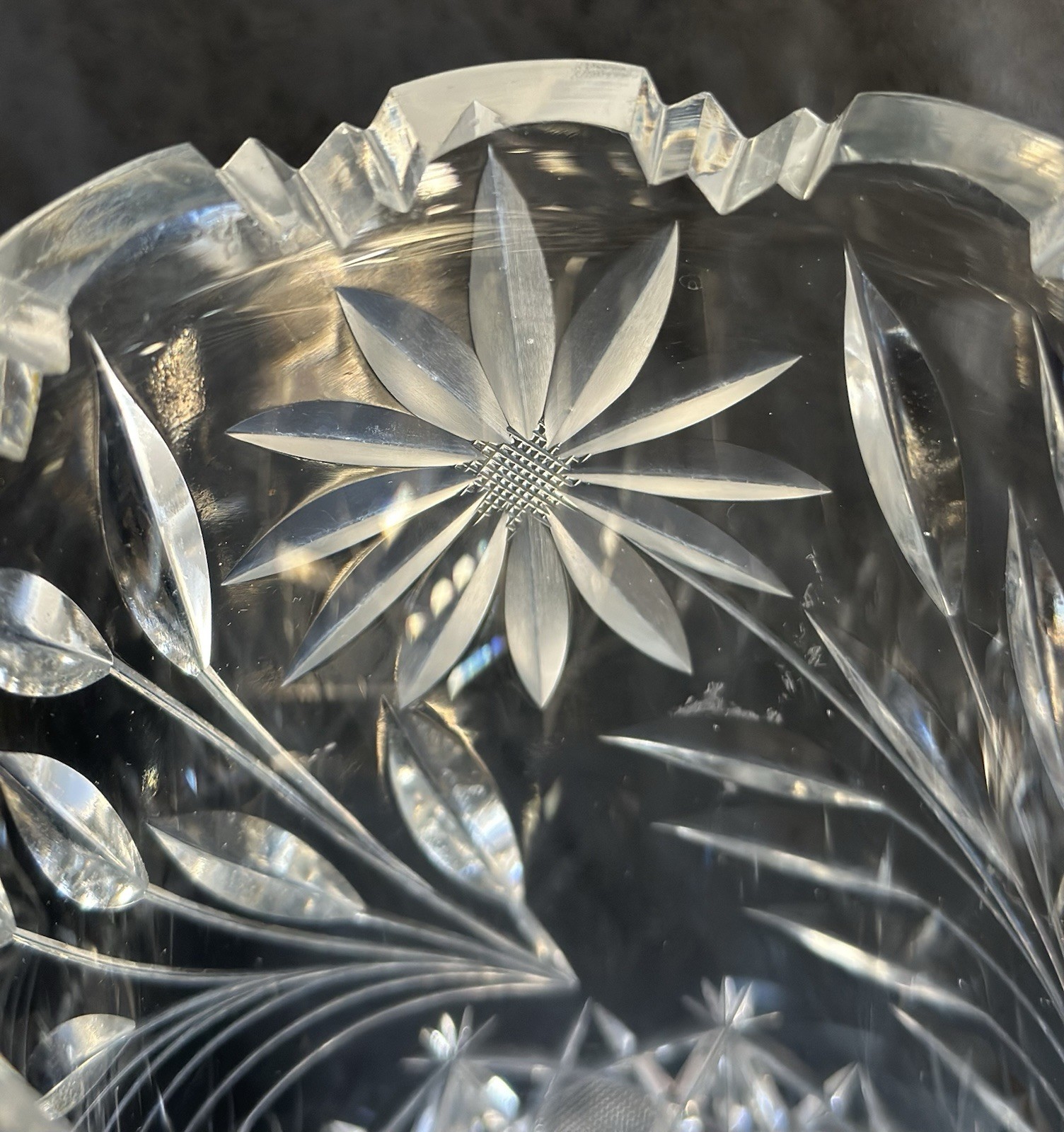 Antique American Brilliant Cut Glass Vase 12” Floral Daisy Pattern Zig Zag Rim