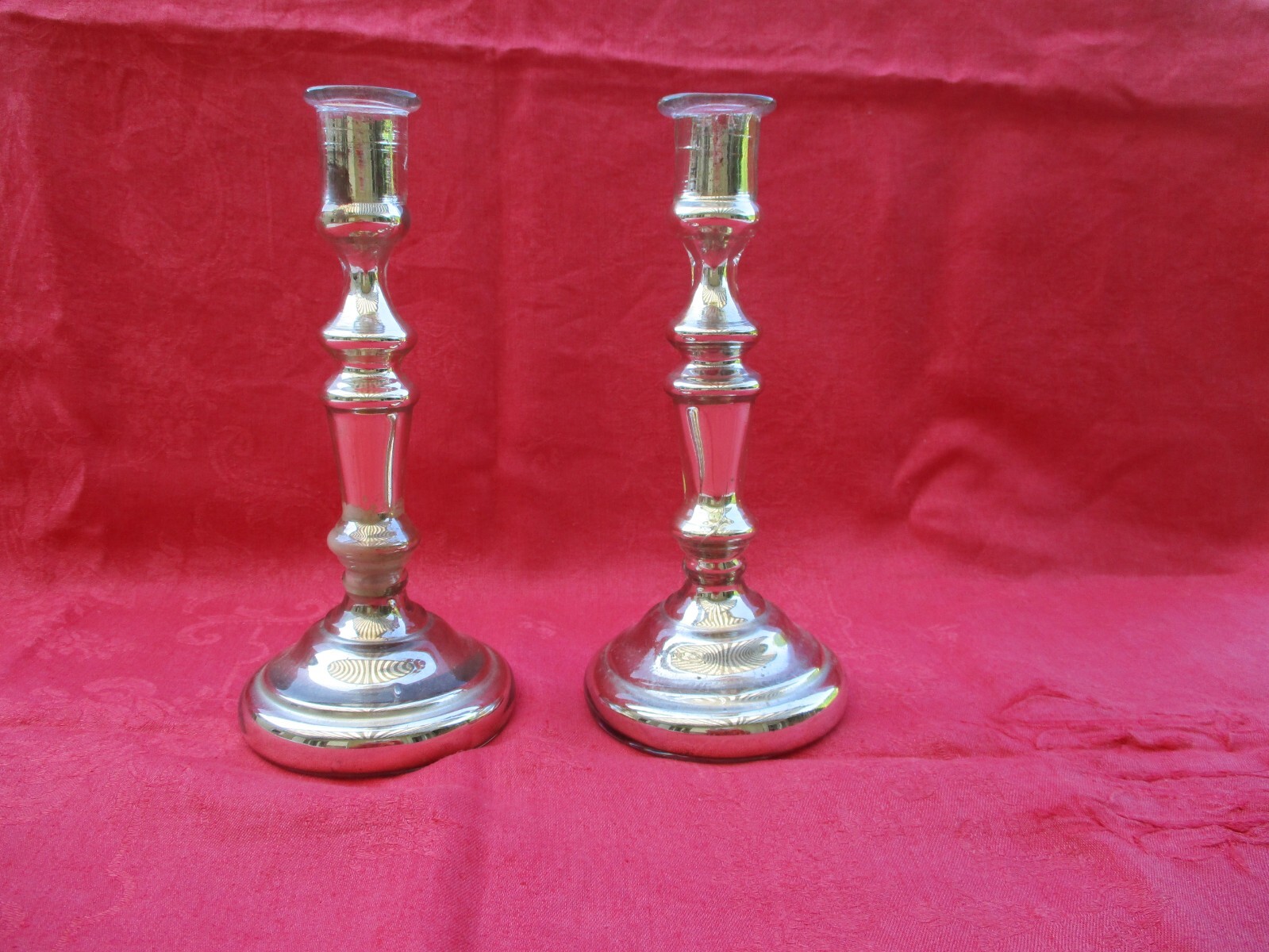 ANTIQUE FRENCH MERCURY GLASS 19th CENTURY PAIR OF 2 CANDLE HOLDER PILLARS 9.25in