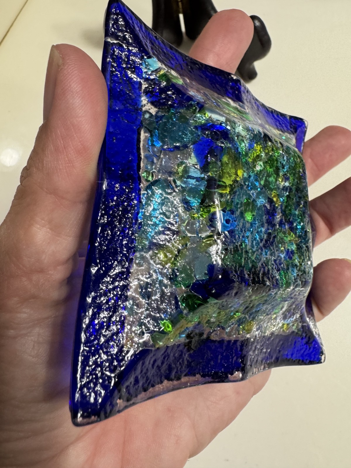 Murano Venetia Hand Fused Millefiori Blue Art Glass Candy Trinket Dish Square