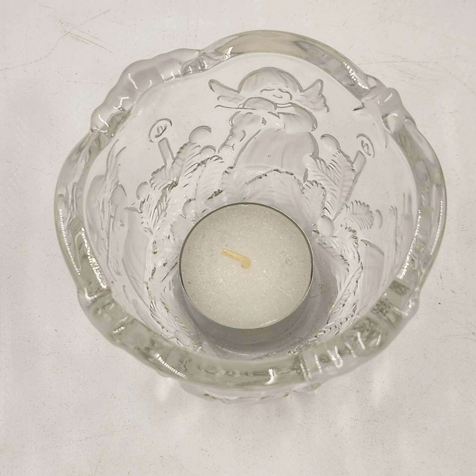 Mikasa Christmas Holiday Lights Candle Holder w Angels Crystal Frosted Glass 3″