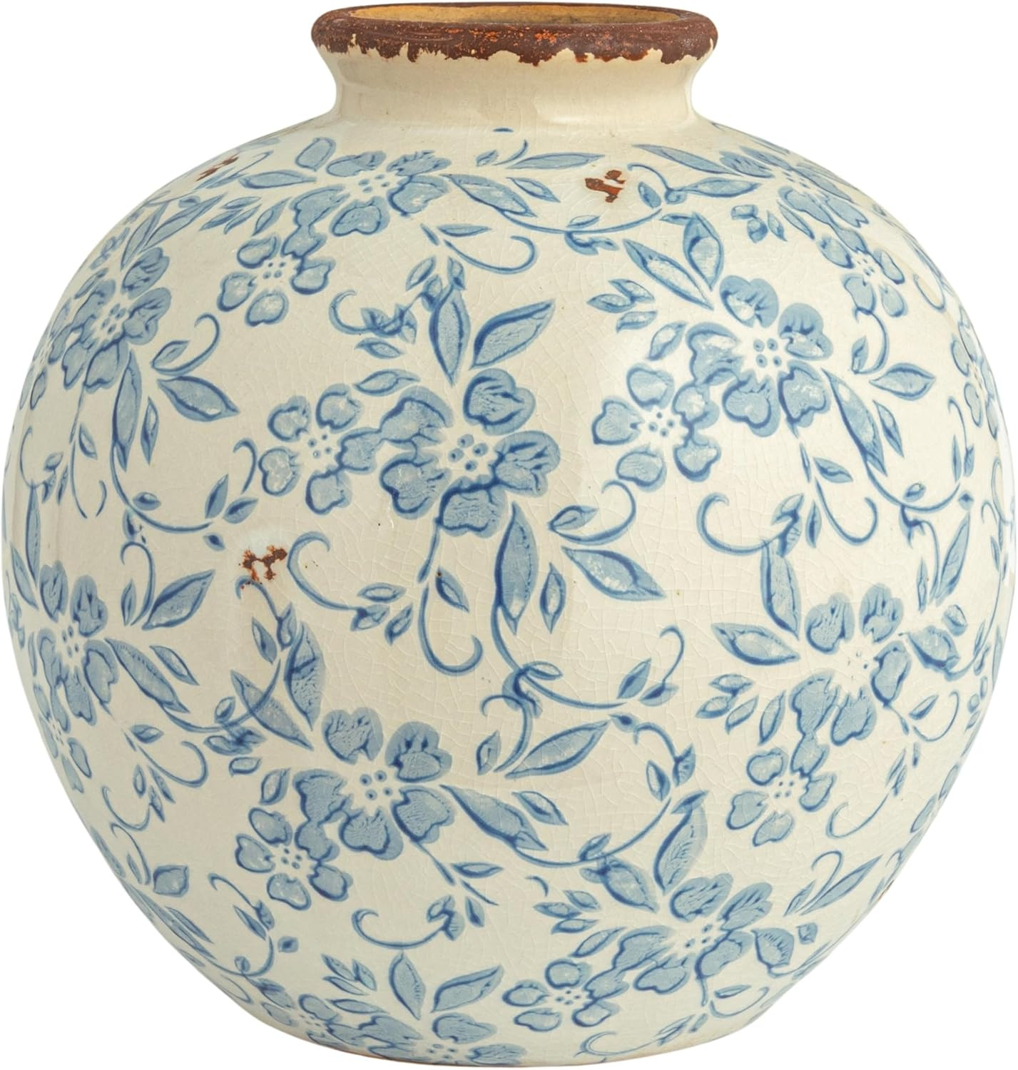 DF2720 8″ H Terracotta Floral Transferware Pattern & Crackle Finish Vase, Blue