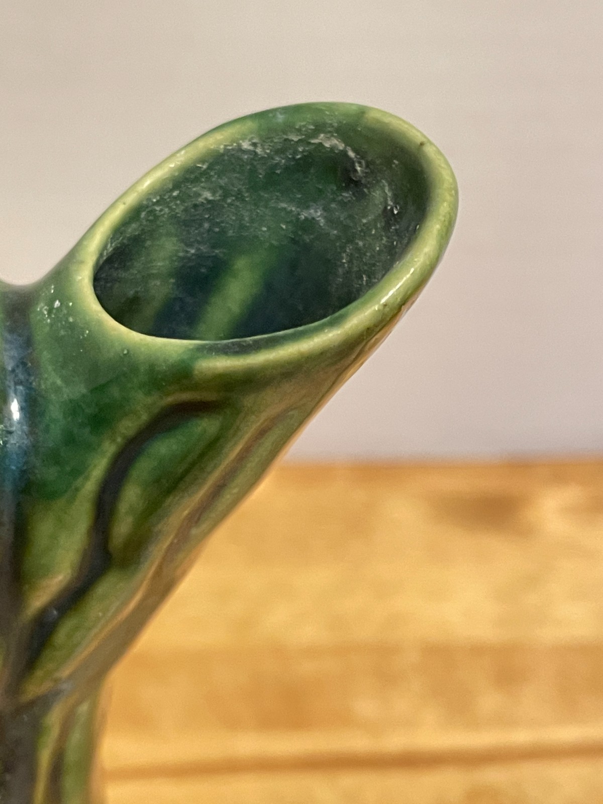 Vintage MCM Retro Textured Green & Black Tree Trunk Ceramic 7″ Vase