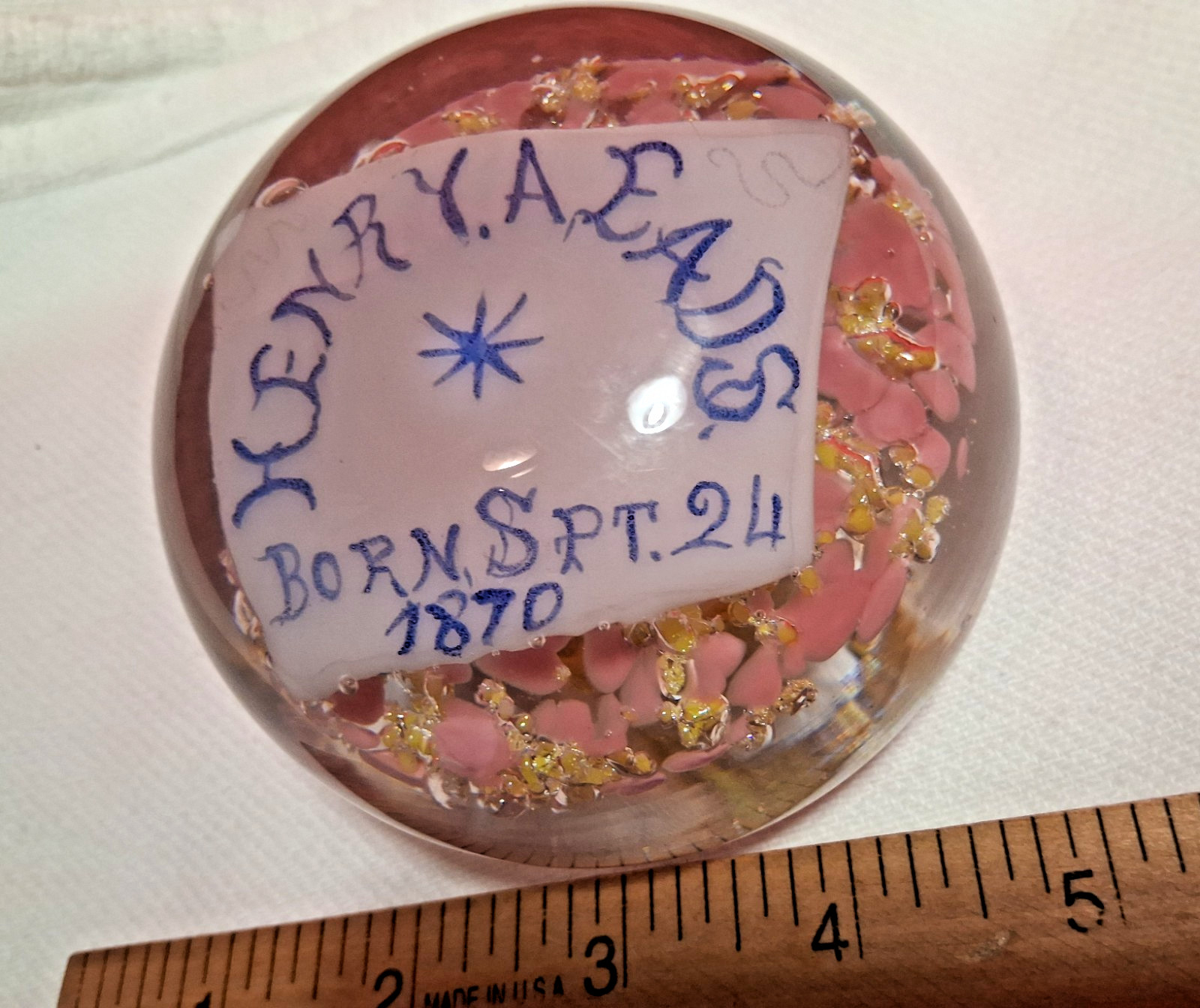 Rare Antique 1870 Birth Paperweight Folk Art Blown Glass 1of a kind Big 4″ 2lb