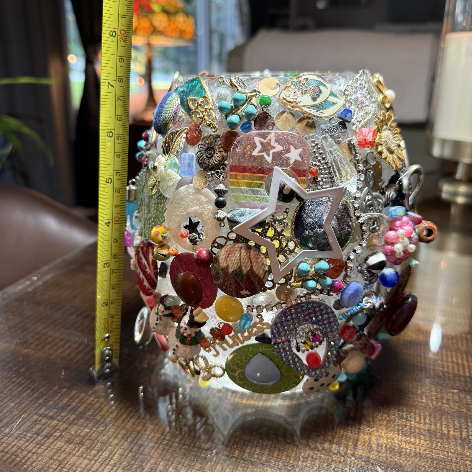 Memory Jug Junk Art Mosaic Vase Jar Handmade Folk Buttons/Jewelry/Figures/Trink.