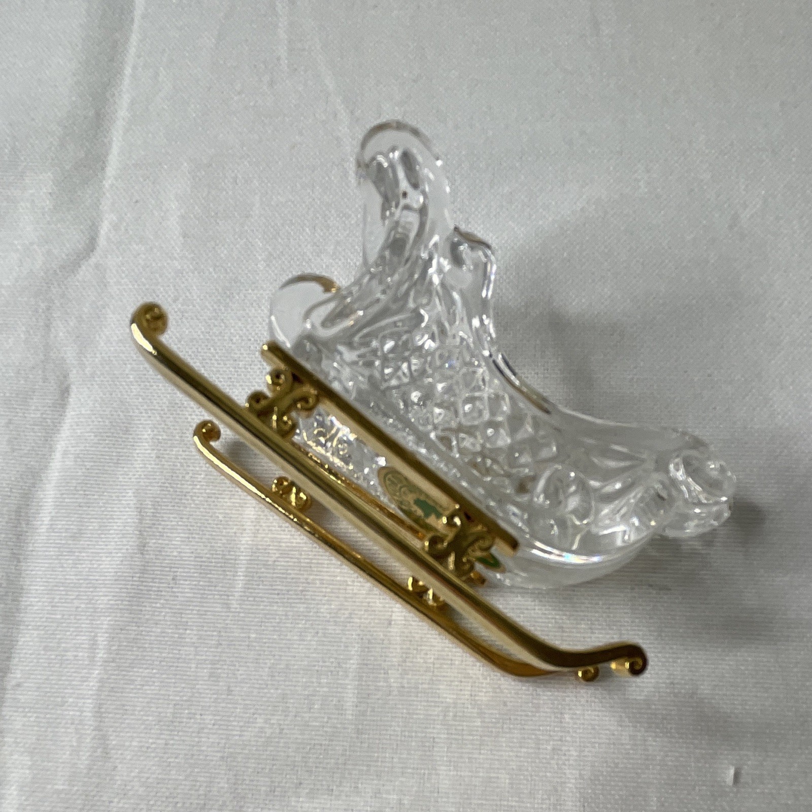 Waterford Cut Crystal Sleigh Figurine Gold Tone Metal Runners 3D Effect B-12