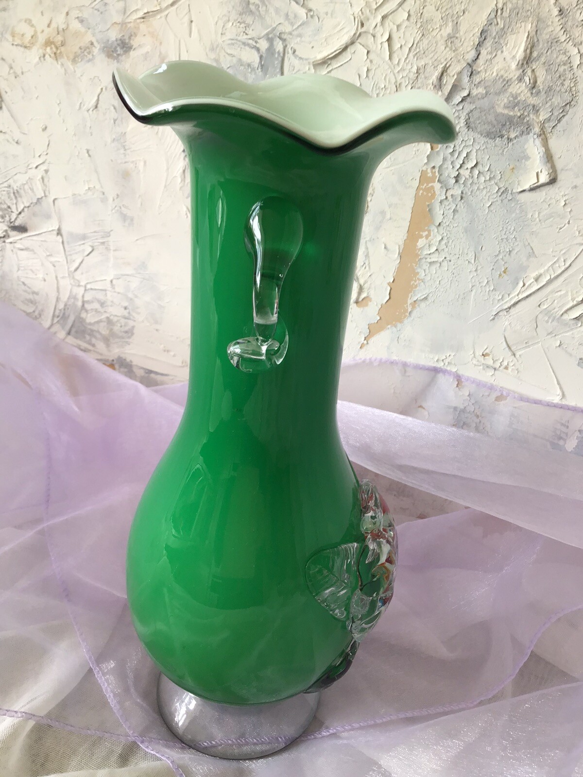 Italian Murano Handblown 26 cm Green Vase Applied Confetti Flower Art Glass